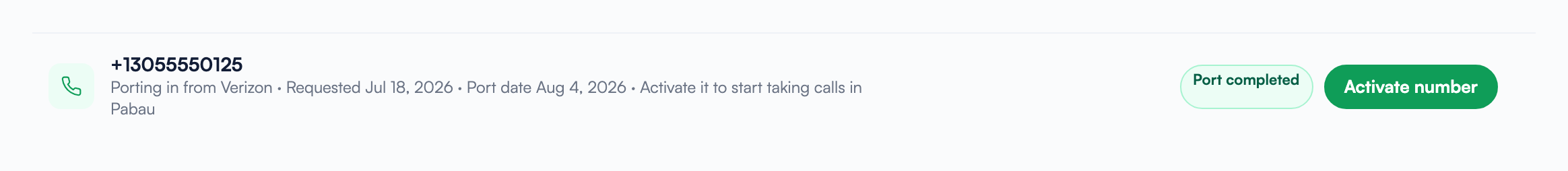 A completed port row in Call Setup with the green Port completed pill and the Activate number button