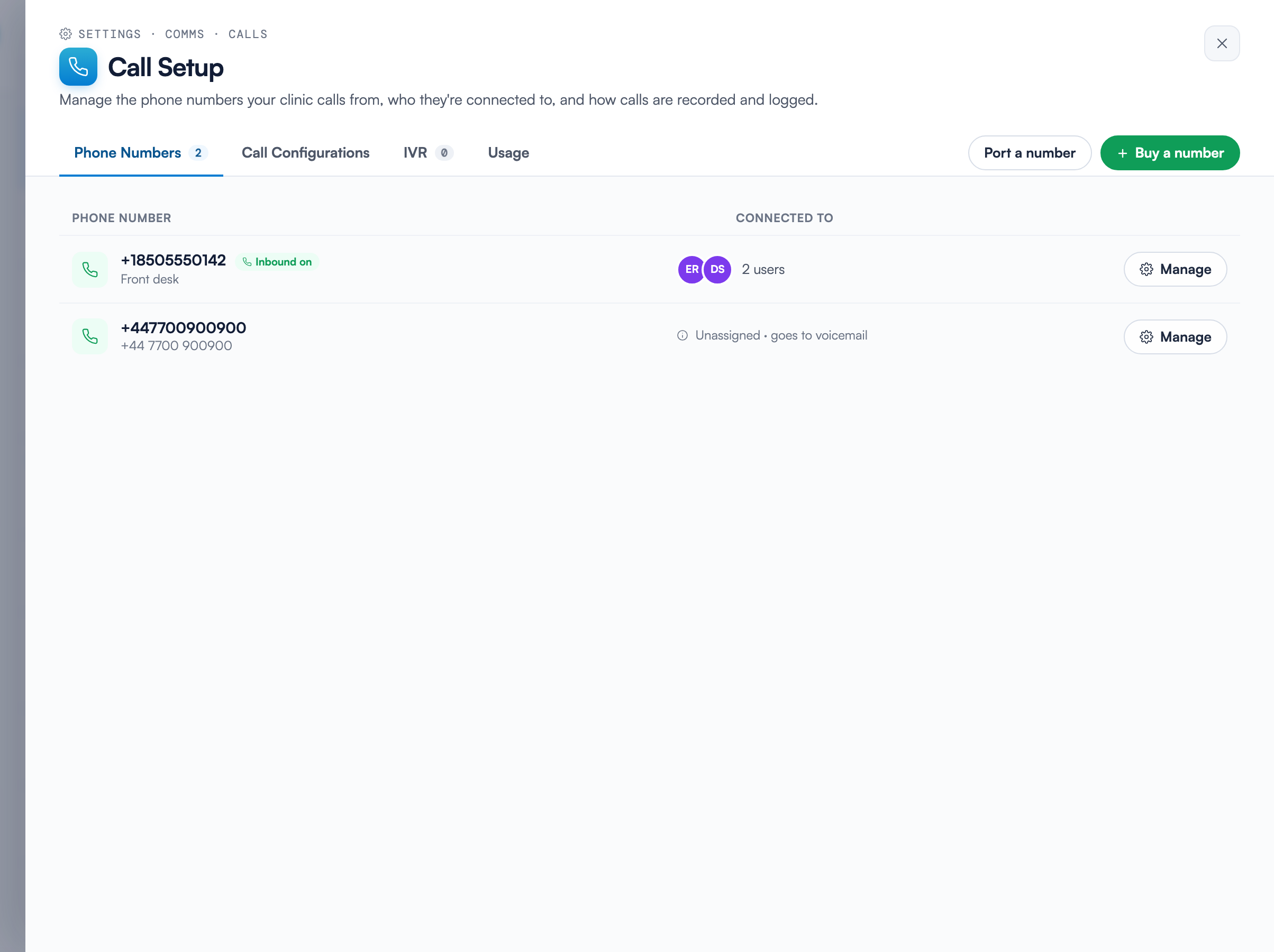 The Call Setup Phone Numbers tab with one number showing the green Inbound on badge and two connected users, and a second number labelled Unassigned · goes to voicemail