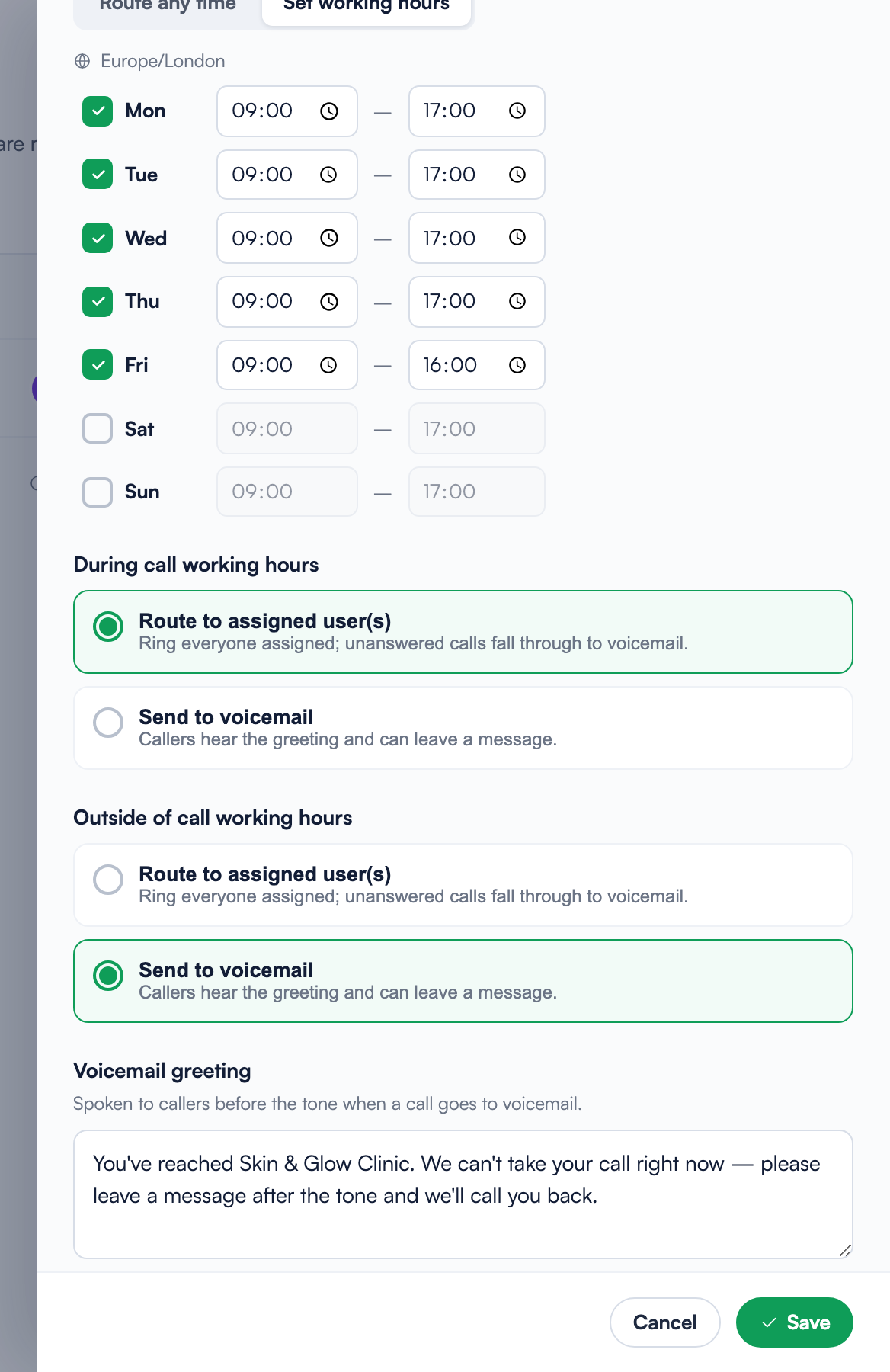 The Manage number panel in Set working hours mode: a weekly hours grid with Monday to Friday ticked, Route to assigned user(s) selected during hours, Send to voicemail selected outside hours, and a custom voicemail greeting