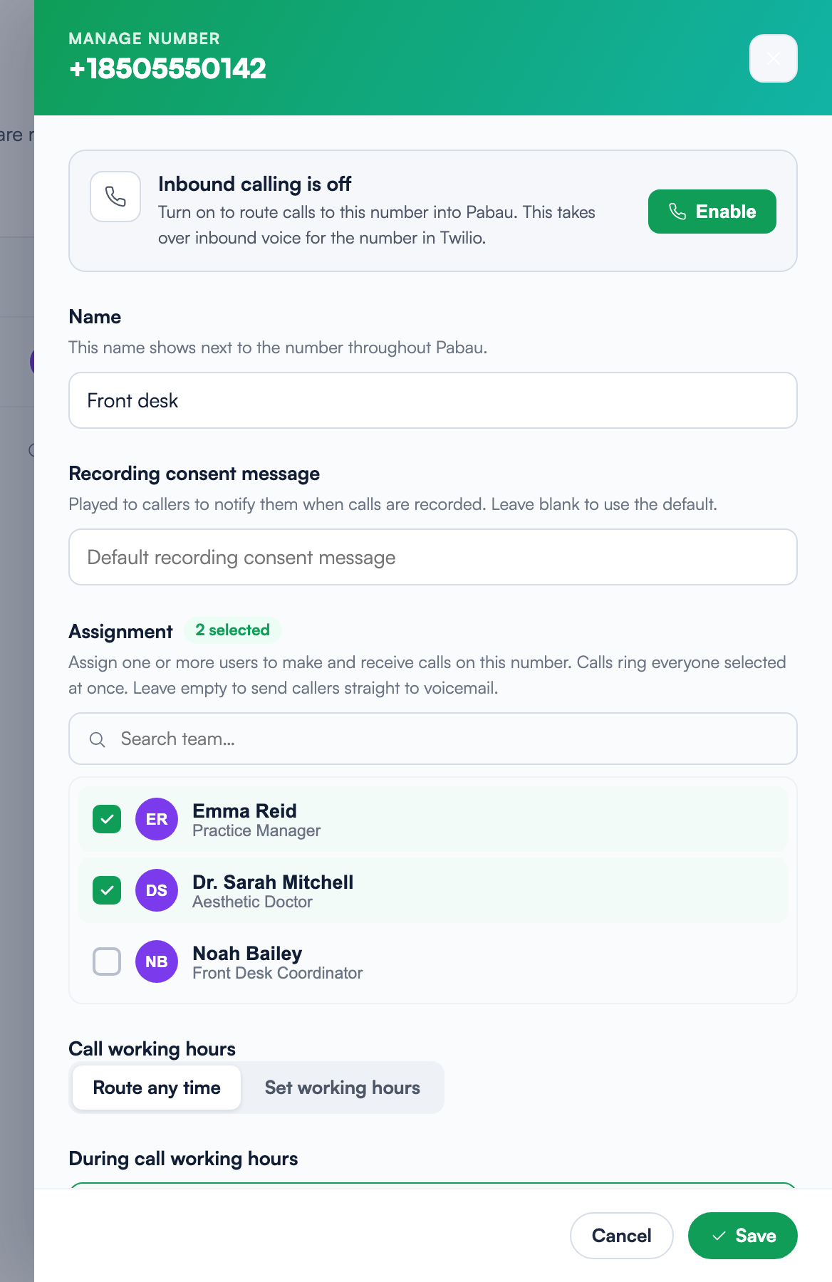 The Manage number panel showing the Inbound calling is off banner with its Enable button, above the Name field and the team Assignment list