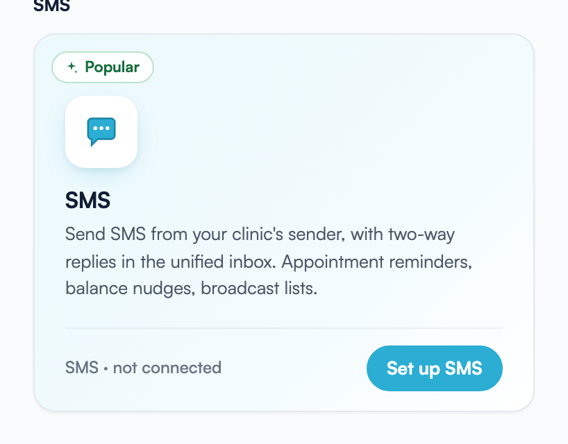 The SMS card in the Channel Catalog showing the Popular ribbon, the status line "SMS · not connected" and the Set up SMS button