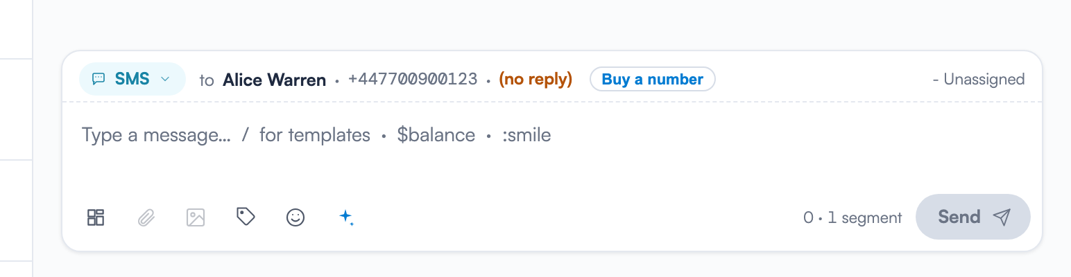 The SMS composer when the clinic has no two-way number: an amber "(no reply)" tag next to the client's phone number and a "Buy a number" button