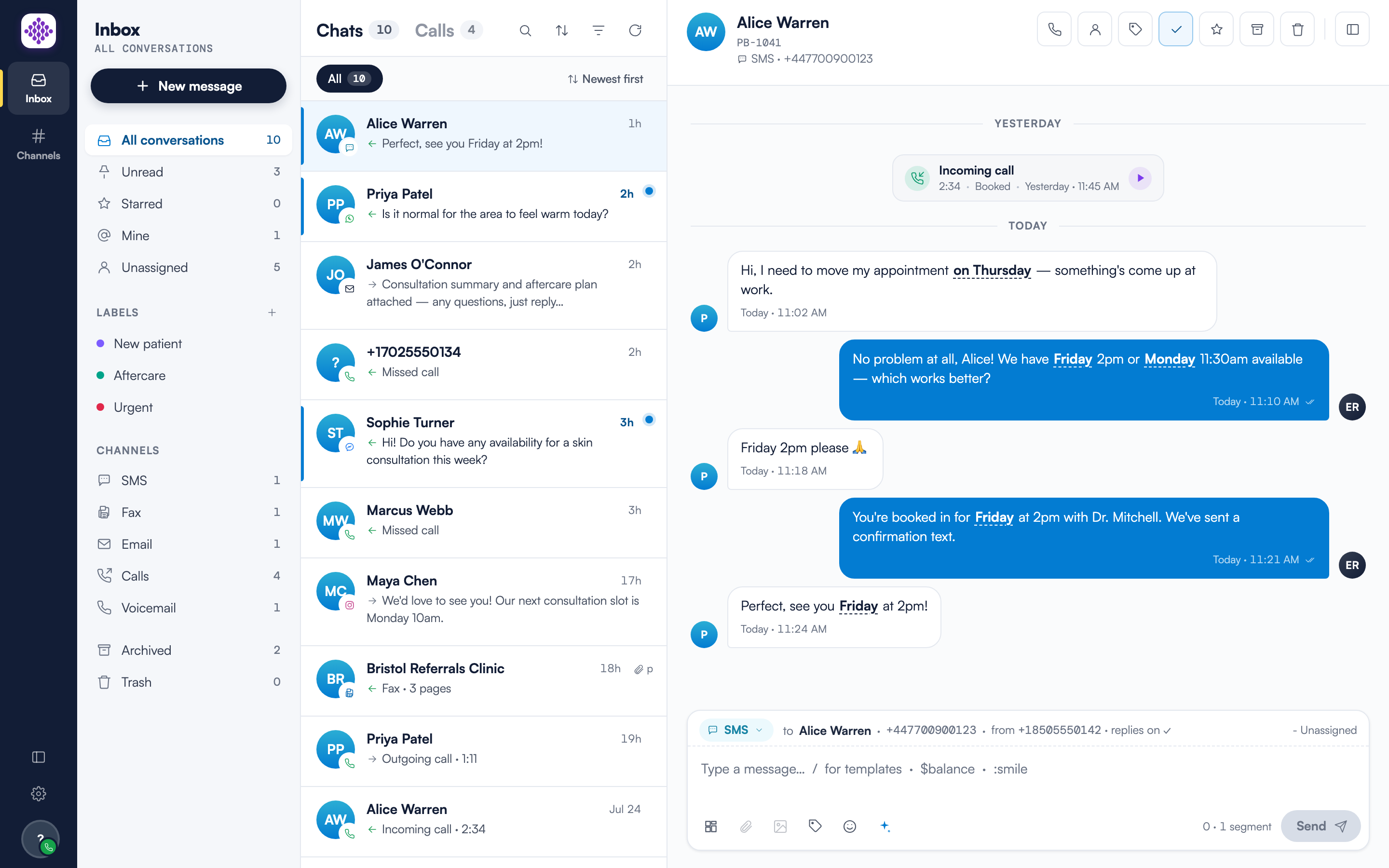 An open SMS conversation with Alice Warren: sent messages show delivery ticks, and the composer header reads "to Alice Warren · +447700900123 · from +18505550142 · replies on ✓" with the segment counter next to Send