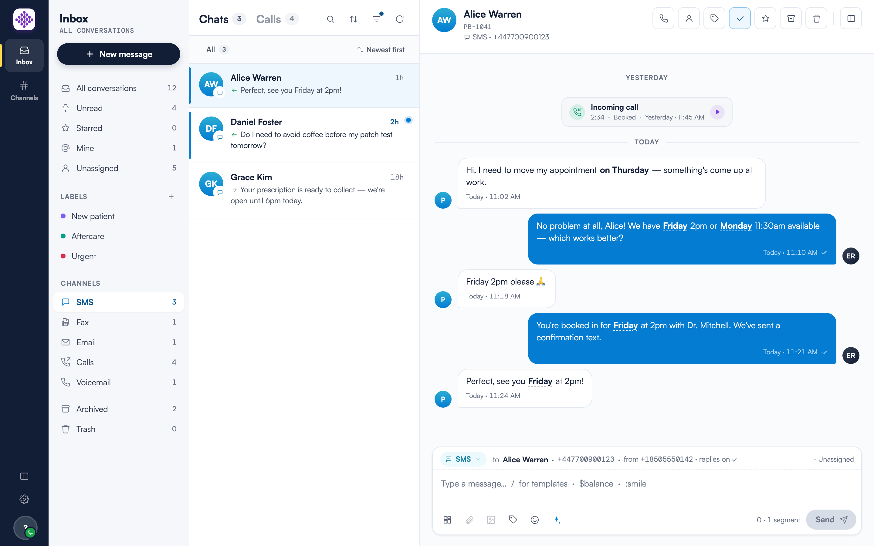 The SMS channel filter selected in the navigation rail, with the conversation list showing only SMS conversations and an open SMS conversation on the right