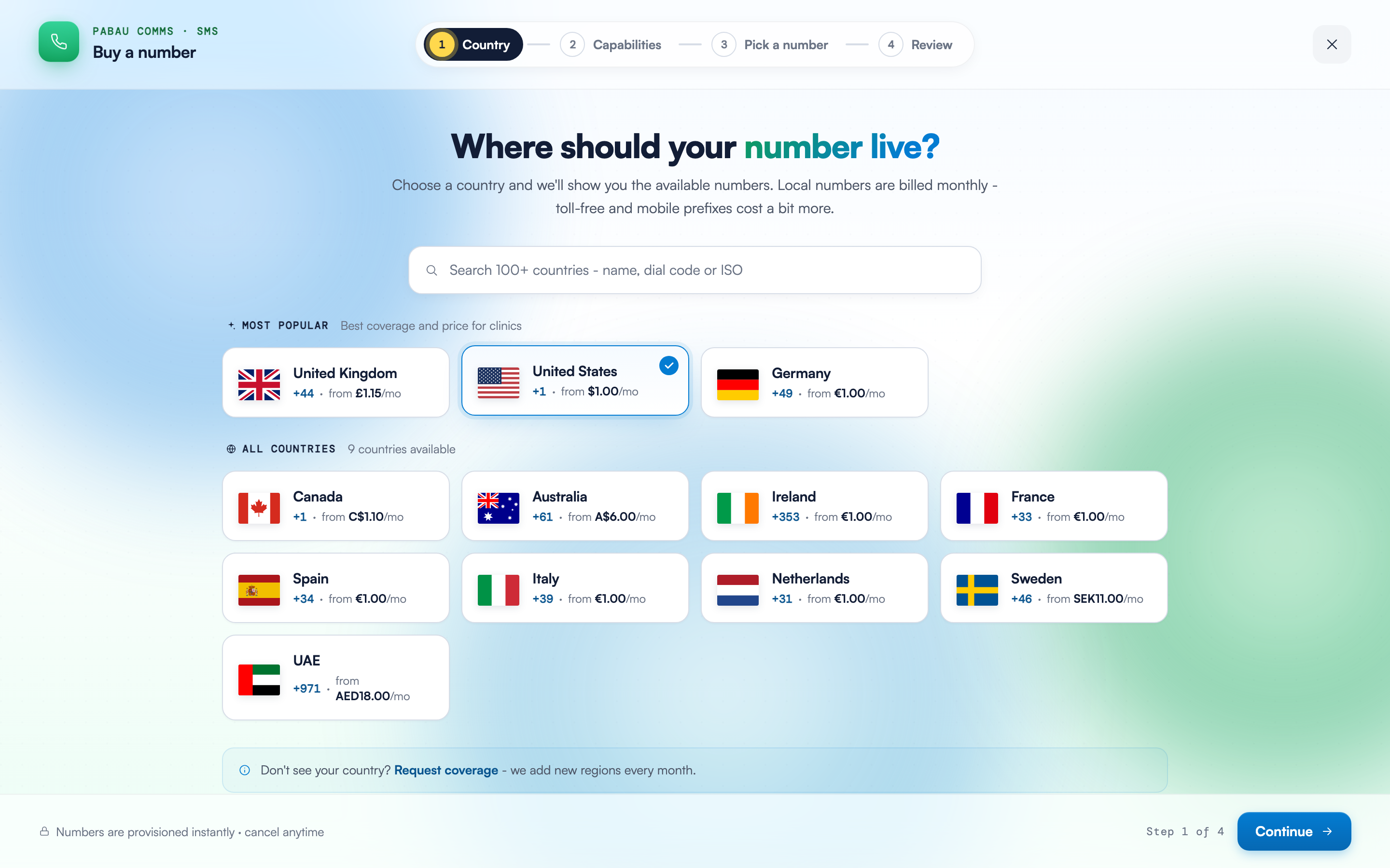 The Buy a number wizard on the country step, with United States selected among the Most popular tiles and per-country starting prices shown