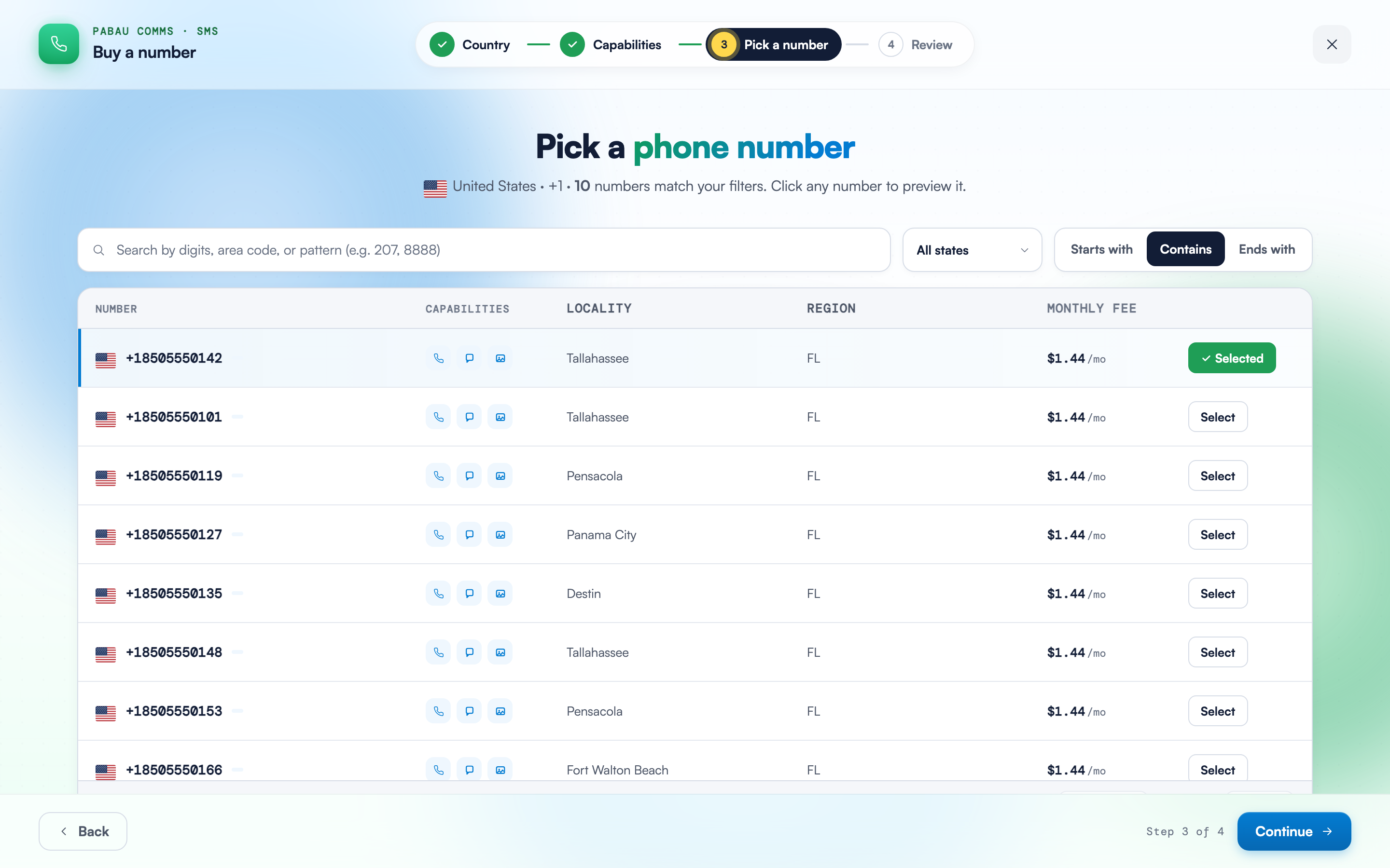 The Pick a phone number step listing available US numbers with capability icons, locality, region and monthly fees, with the first row marked Selected