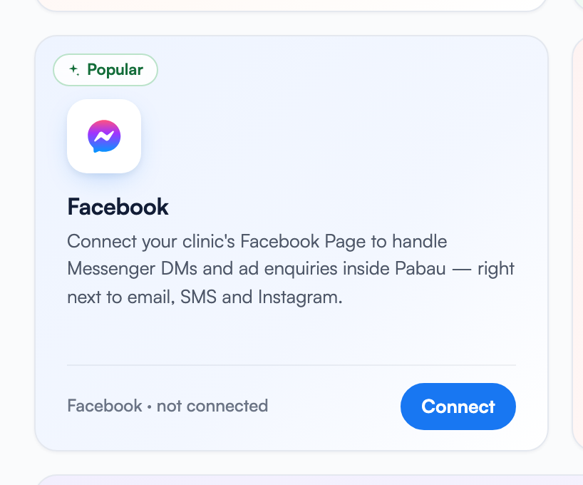 The Facebook card in the Channel Catalog showing the status line "Facebook · not connected" and the blue Connect button