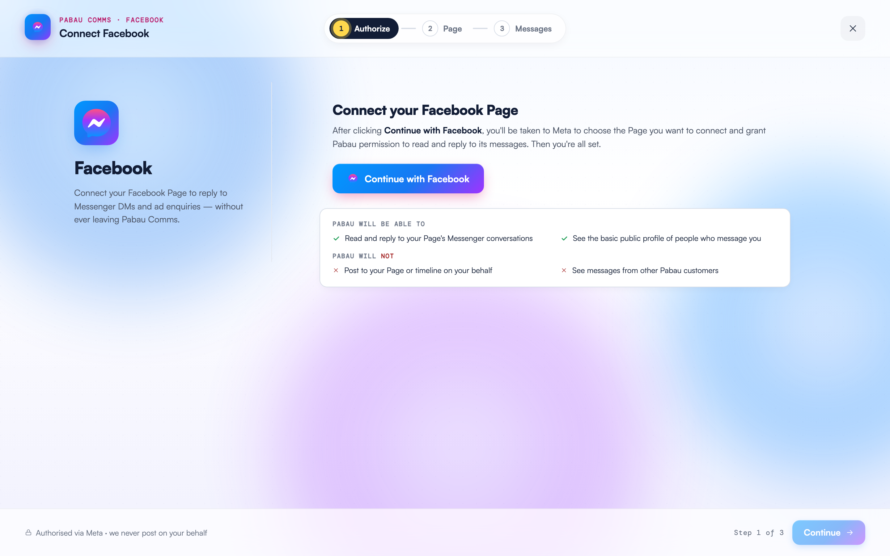 Step 1 of the Connect Facebook wizard with the Continue with Facebook button and the permissions panel listing what Pabau will and will not be able to do