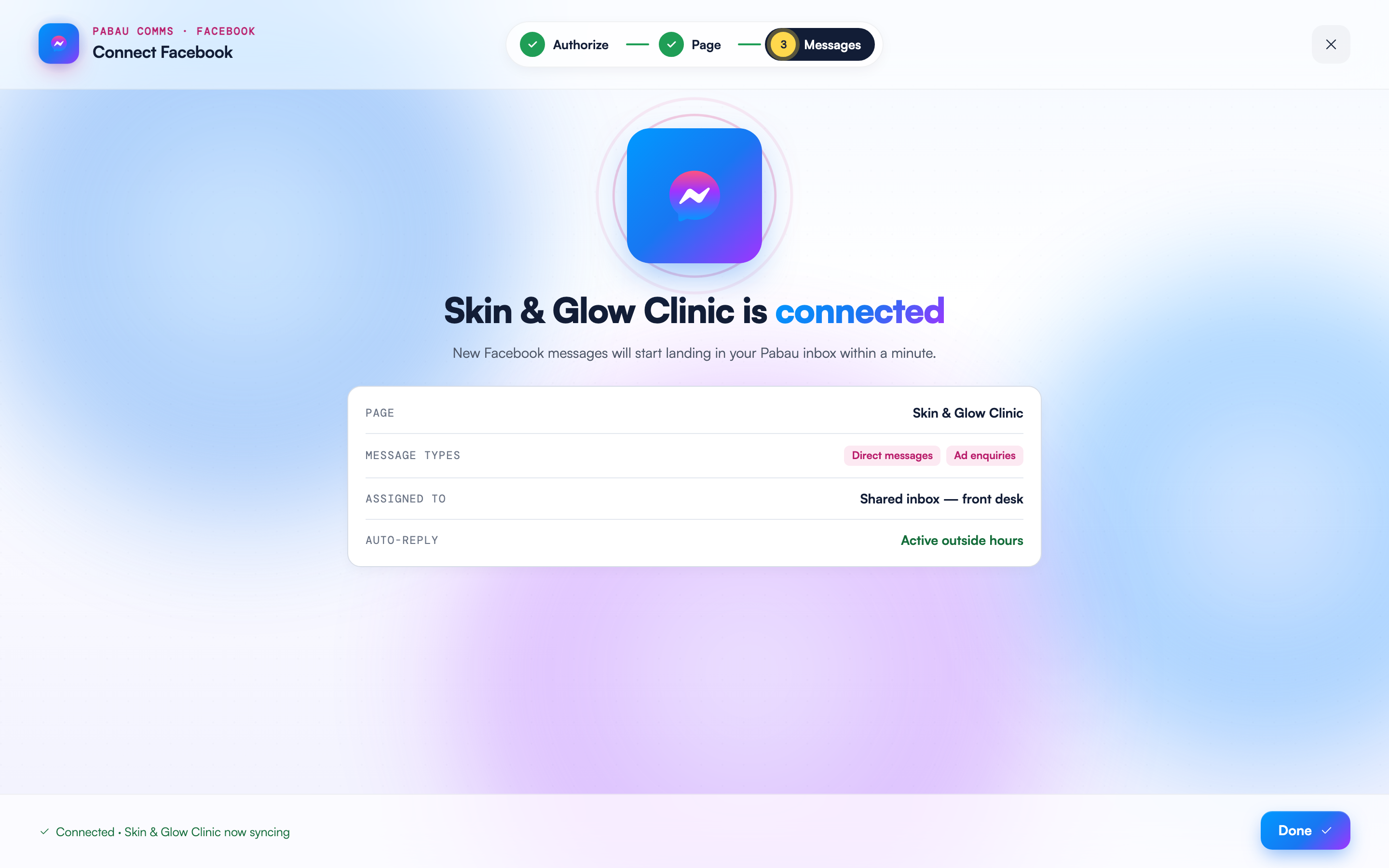 The wizard's done screen confirming "Skin & Glow Clinic is connected", with a summary card showing the Page and message settings