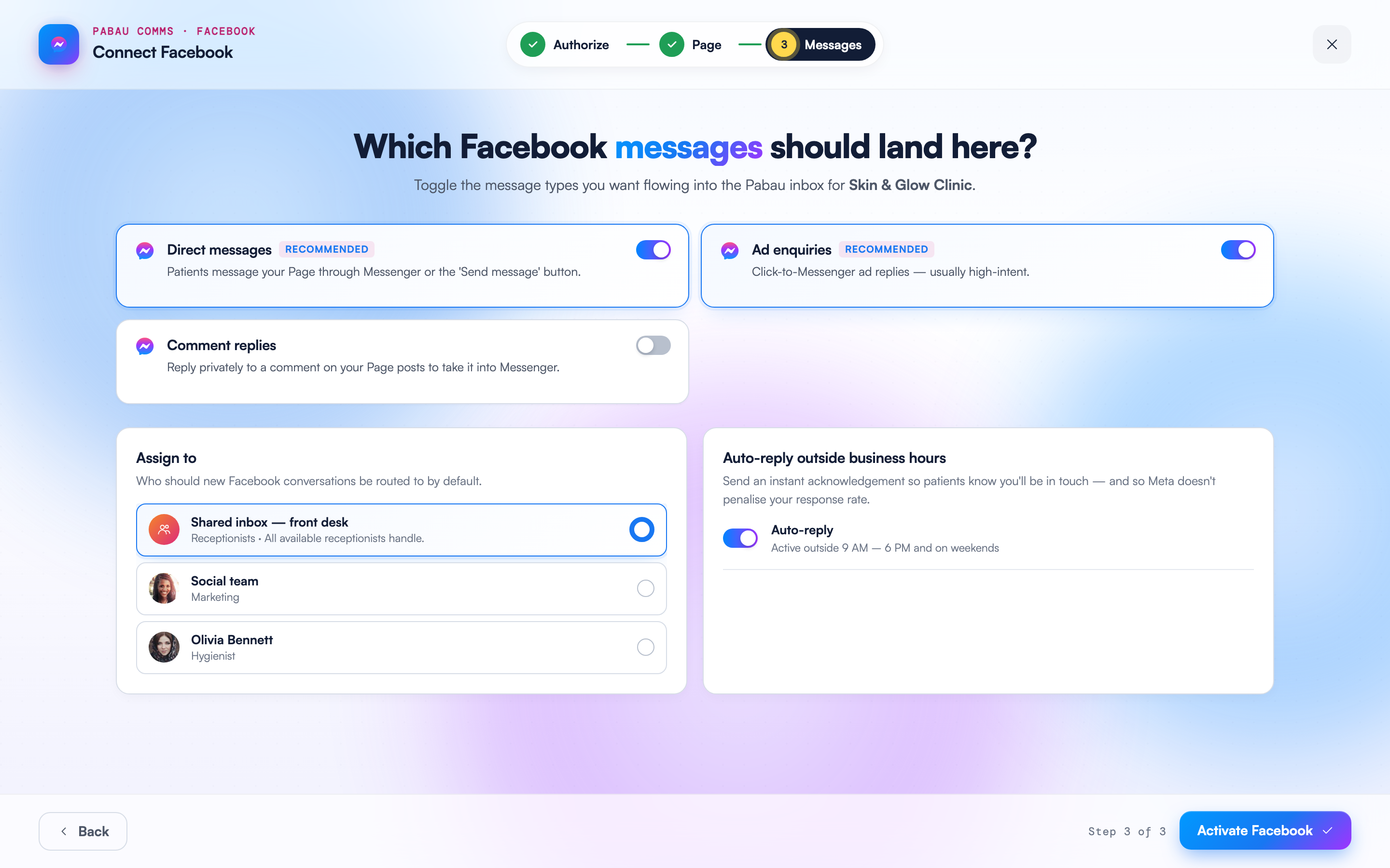 Step 3 of the Connect Facebook wizard with Direct messages and Ad enquiries toggled on, Comment replies off, and the Activate Facebook button