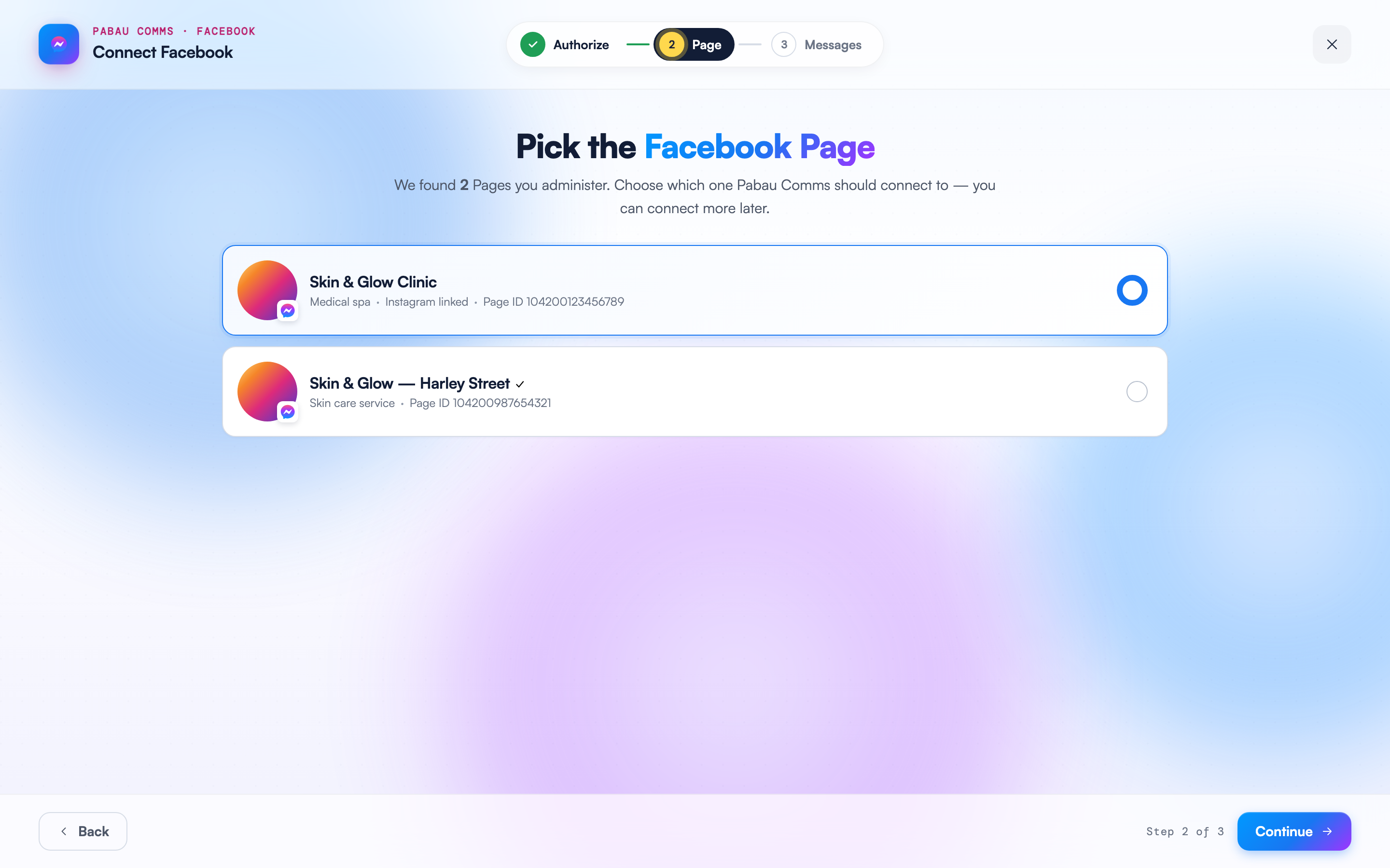 Step 2 of the Connect Facebook wizard listing two Facebook Pages, with Skin & Glow Clinic selected