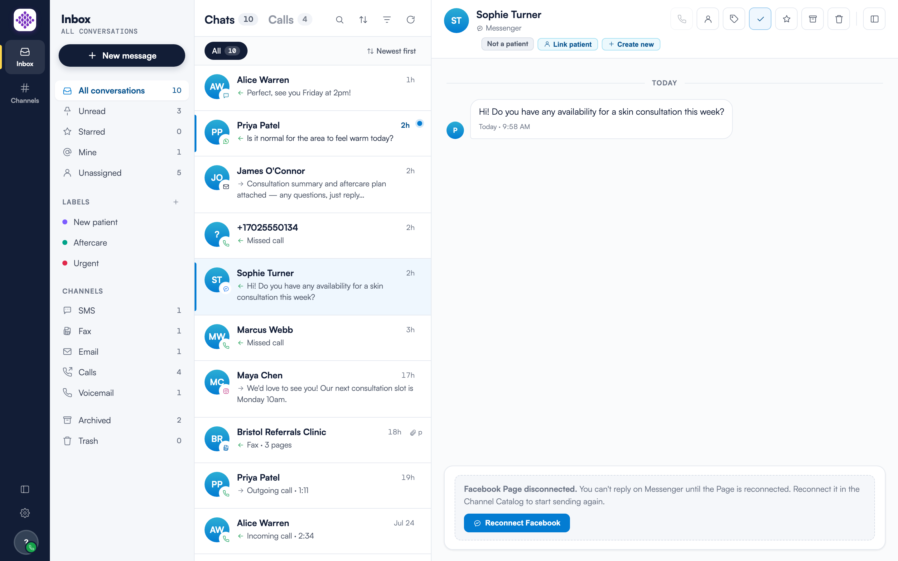 A Facebook conversation where the composer is replaced by the read-only Facebook Page disconnected notice with a Reconnect Facebook button.