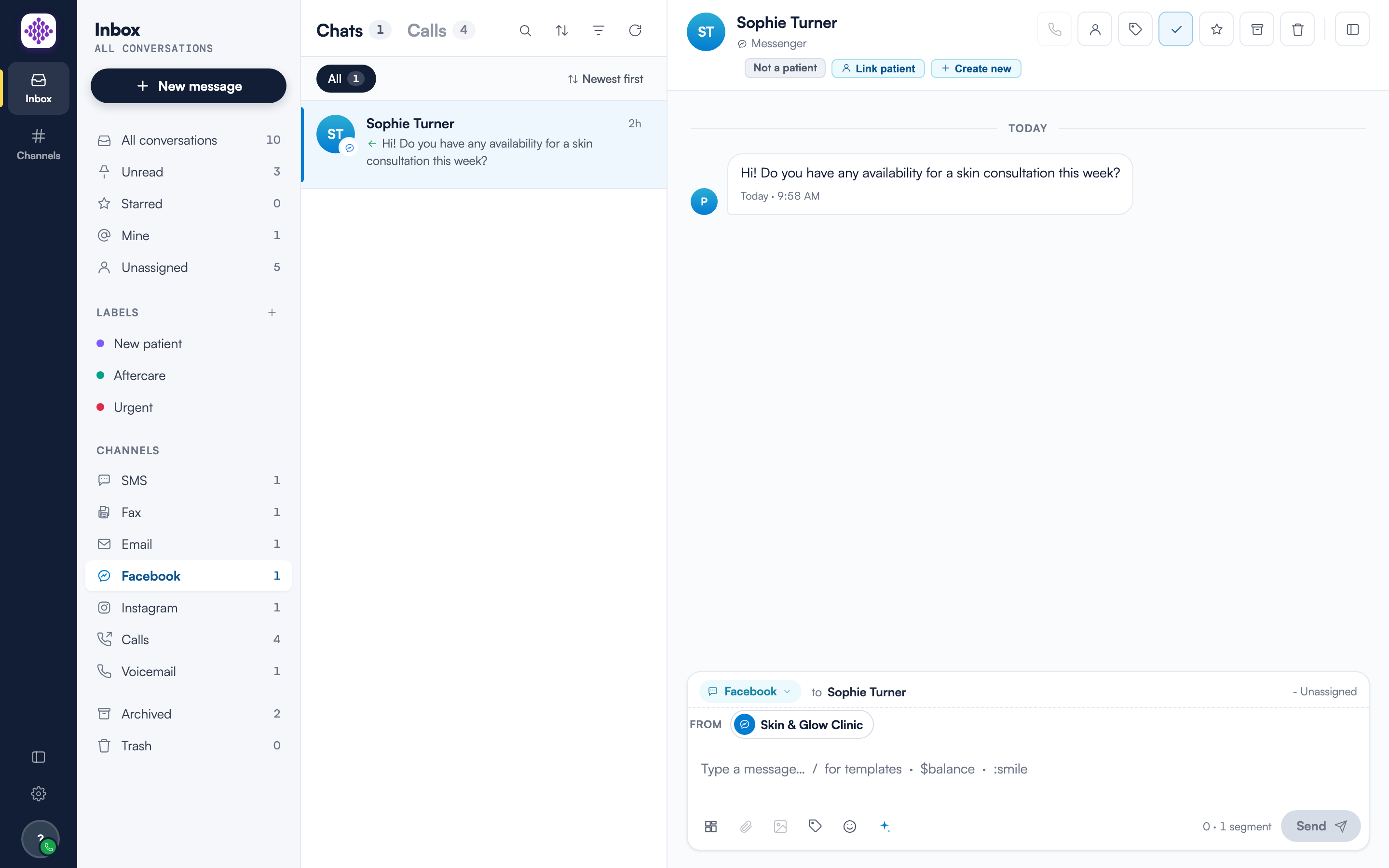 A Facebook conversation in the Engage inbox: the Facebook channel filter is selected in the navigation rail, the conversation header shows the Messenger chip with the Not a patient badge, and the composer is locked to Facebook with the clinic's Page as the From identity.