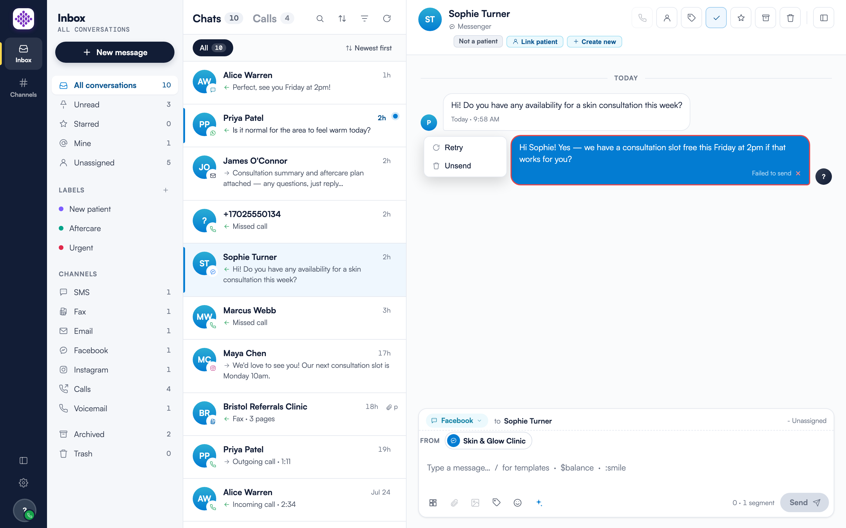 A failed Facebook reply in the conversation: the outgoing bubble has a red border with a Failed to send marker, and the Retry and Unsend menu is open beside it.