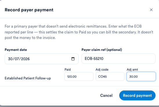 Record payer payment dialog — enter the EOB per line to settle the claim
