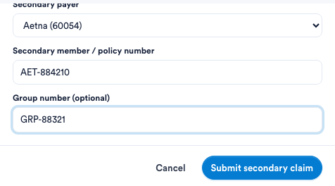 Create secondary claim dialog — choose the secondary payer and enter the member number