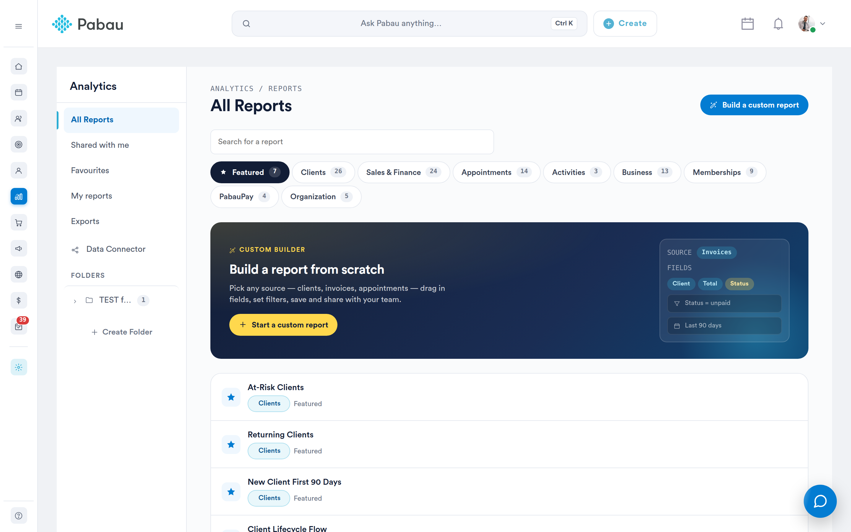 The Reports page, with the sidebar, category tabs and the Custom builder card