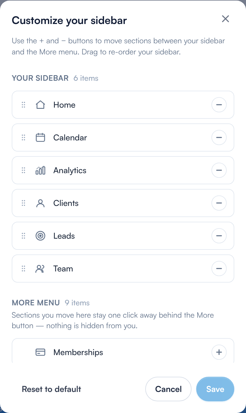 The Customize your sidebar dialog