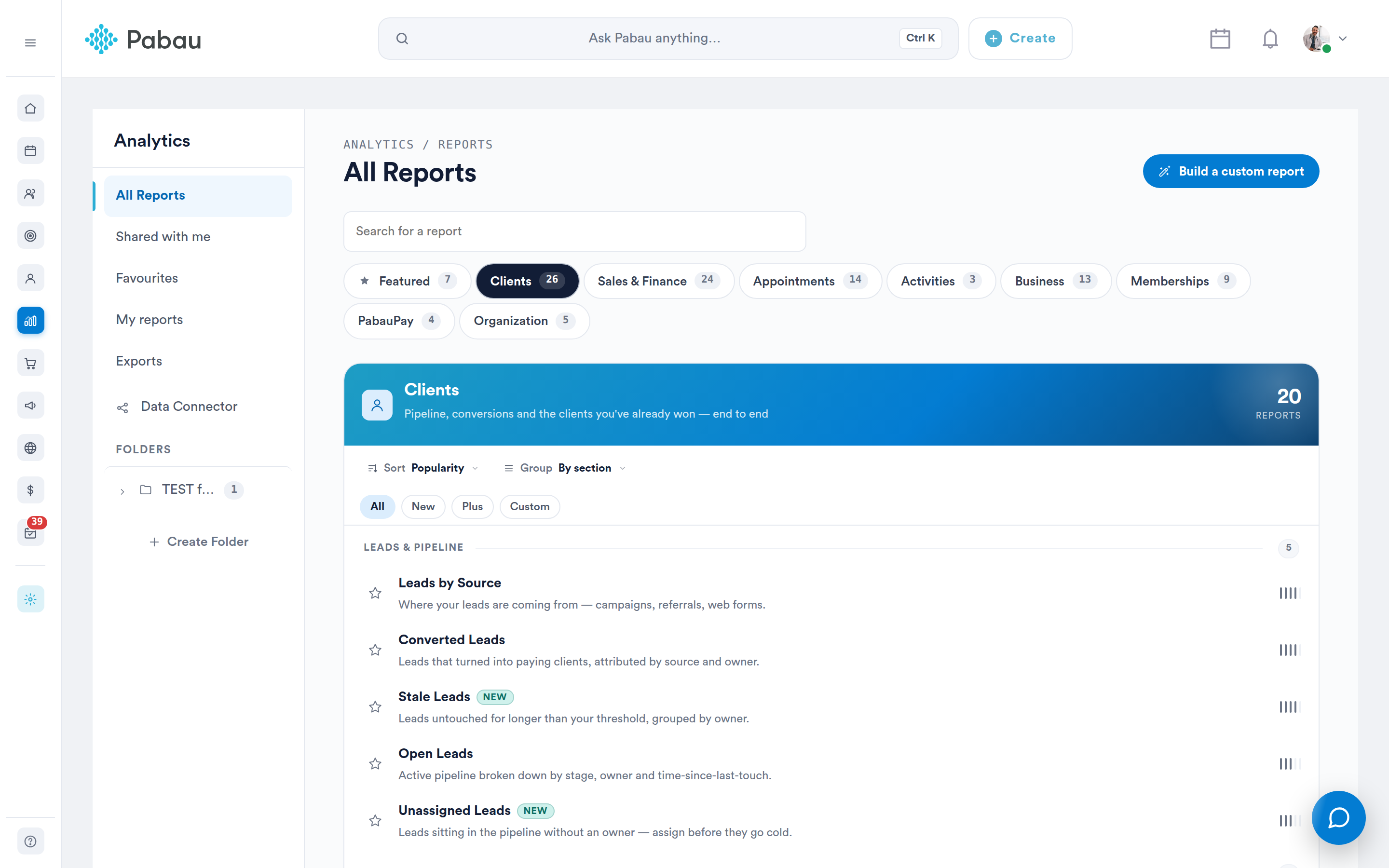 The Clients category with Sort and Group controls and reports grouped by section