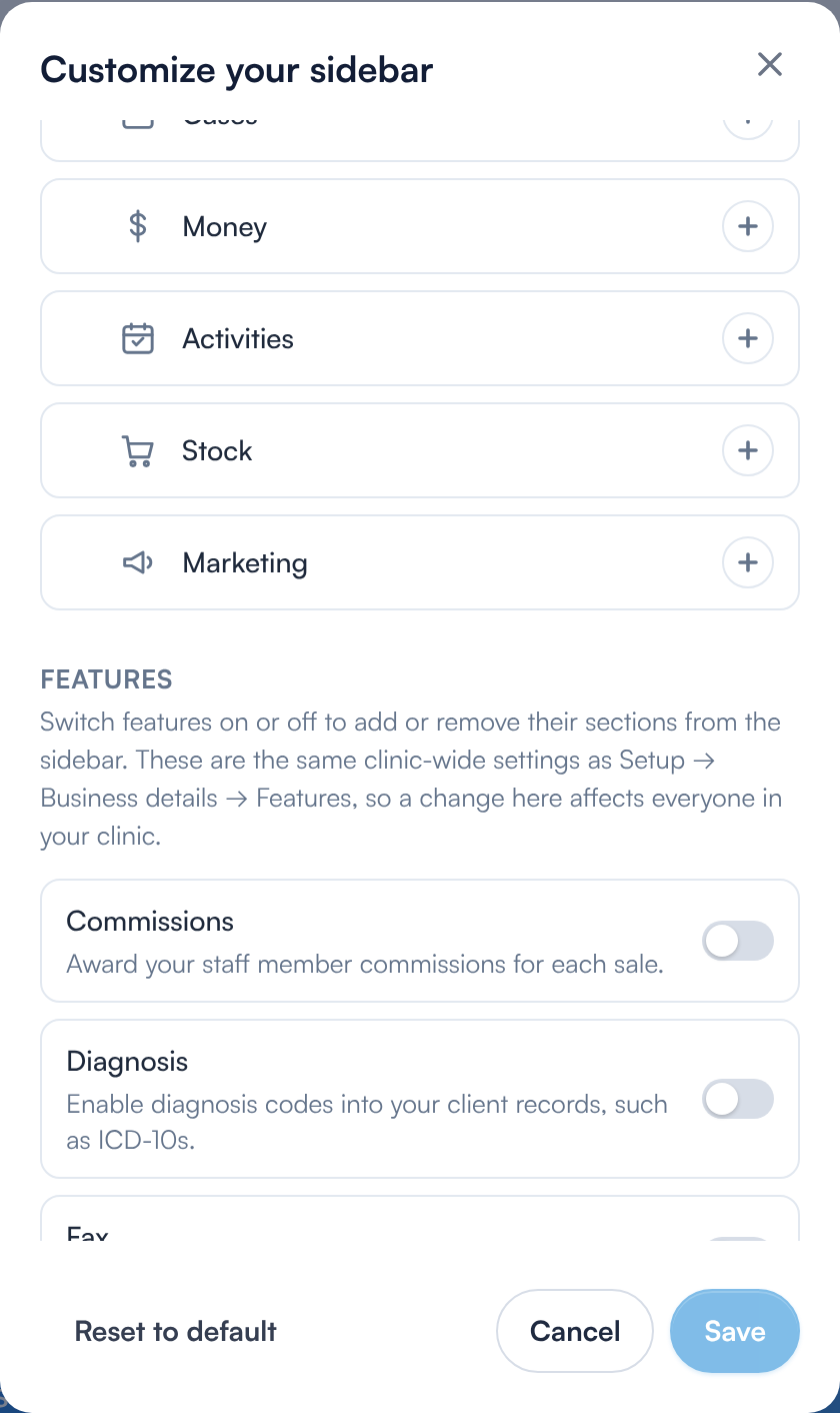 The Features section of the Customize your sidebar dialog