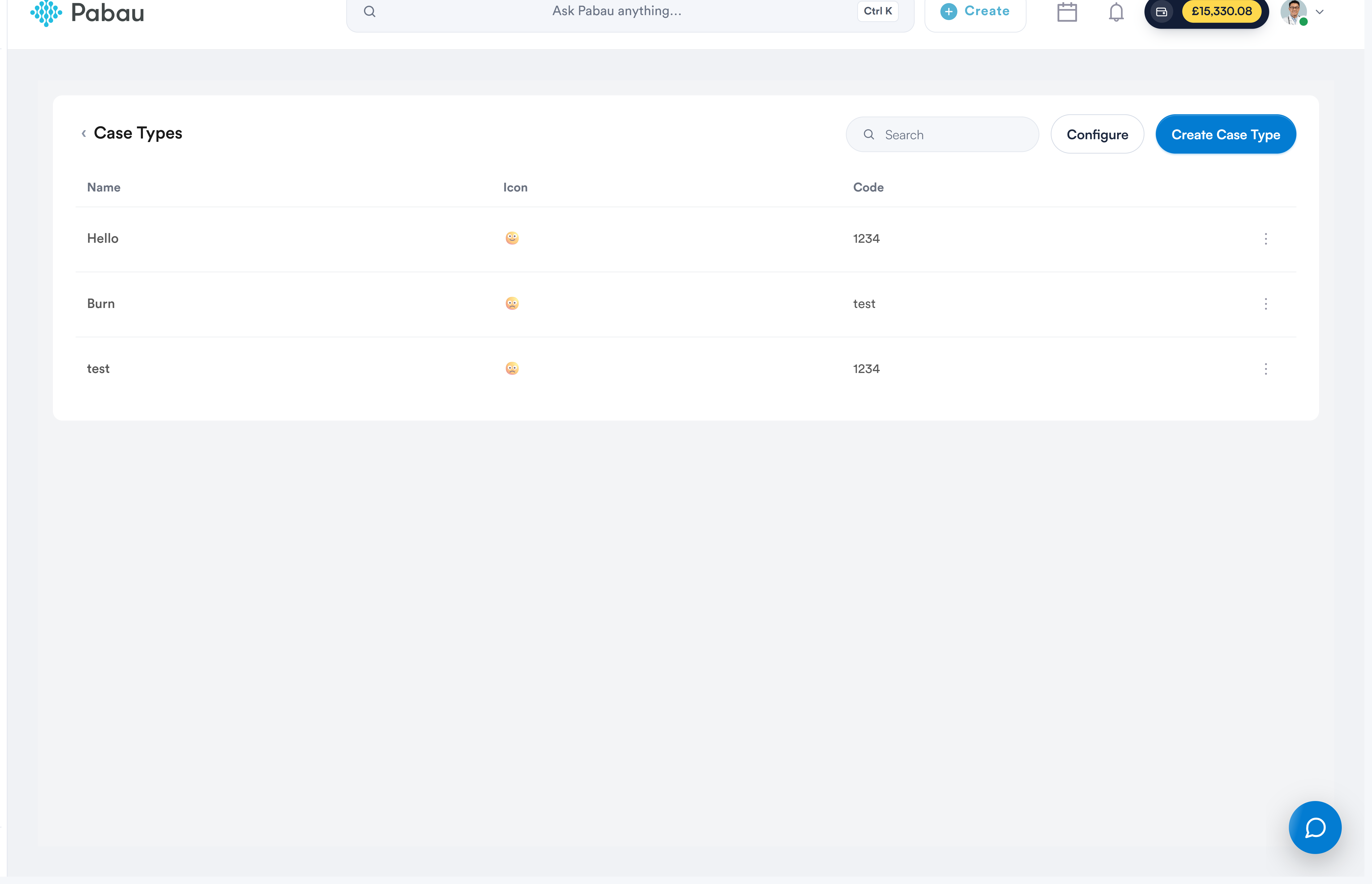 The Case Types screen
