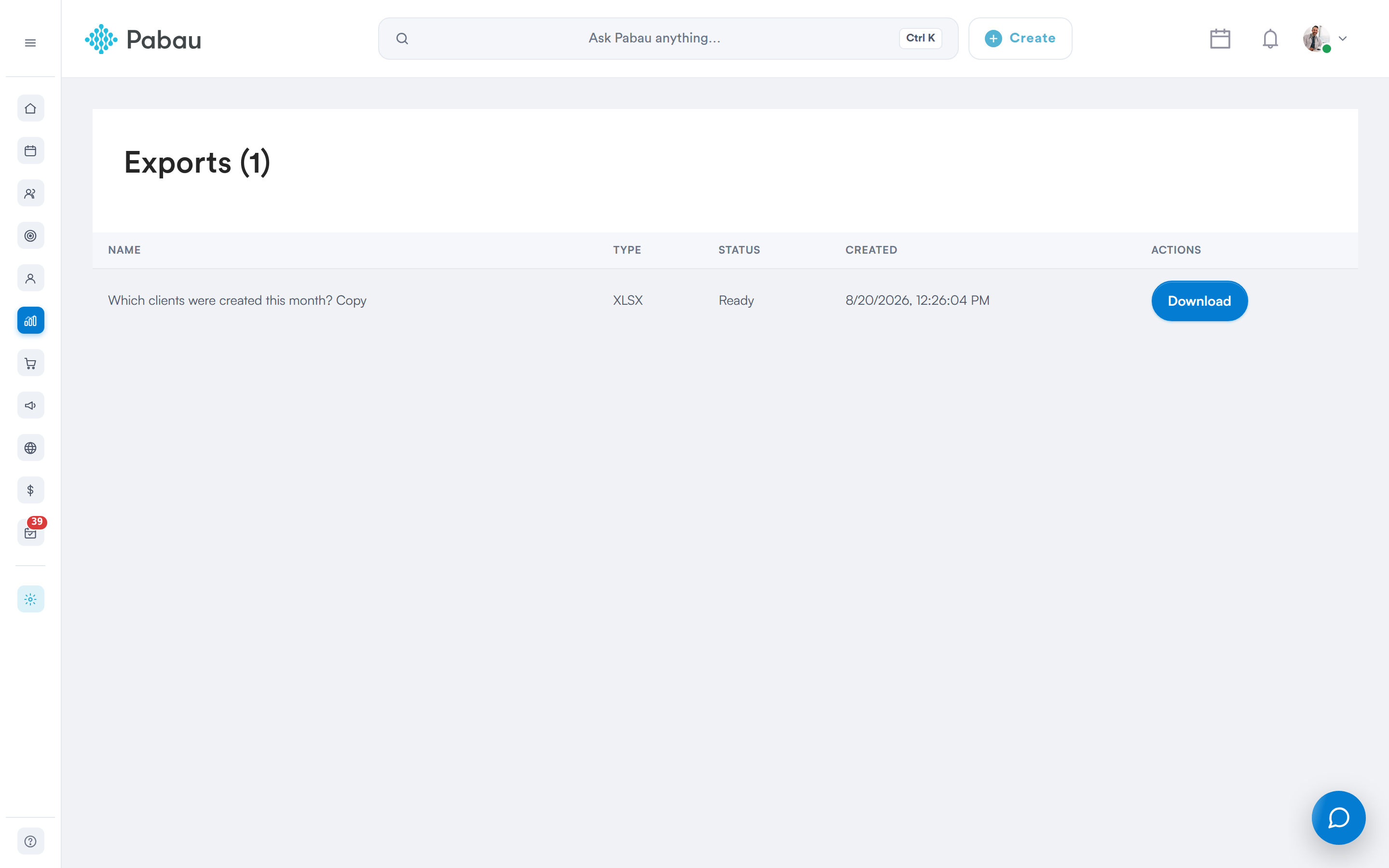 The Exports page listing an export with its type, status and Download button