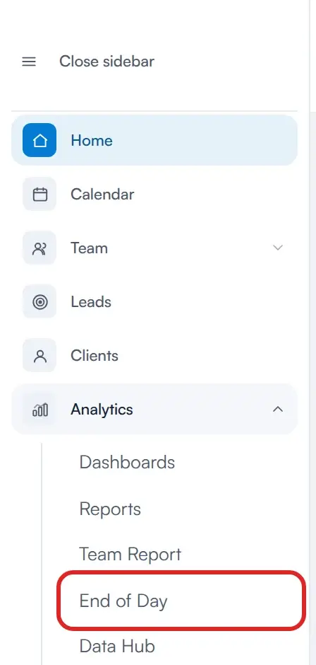 Analytics menu expanded with End of Day highlighted