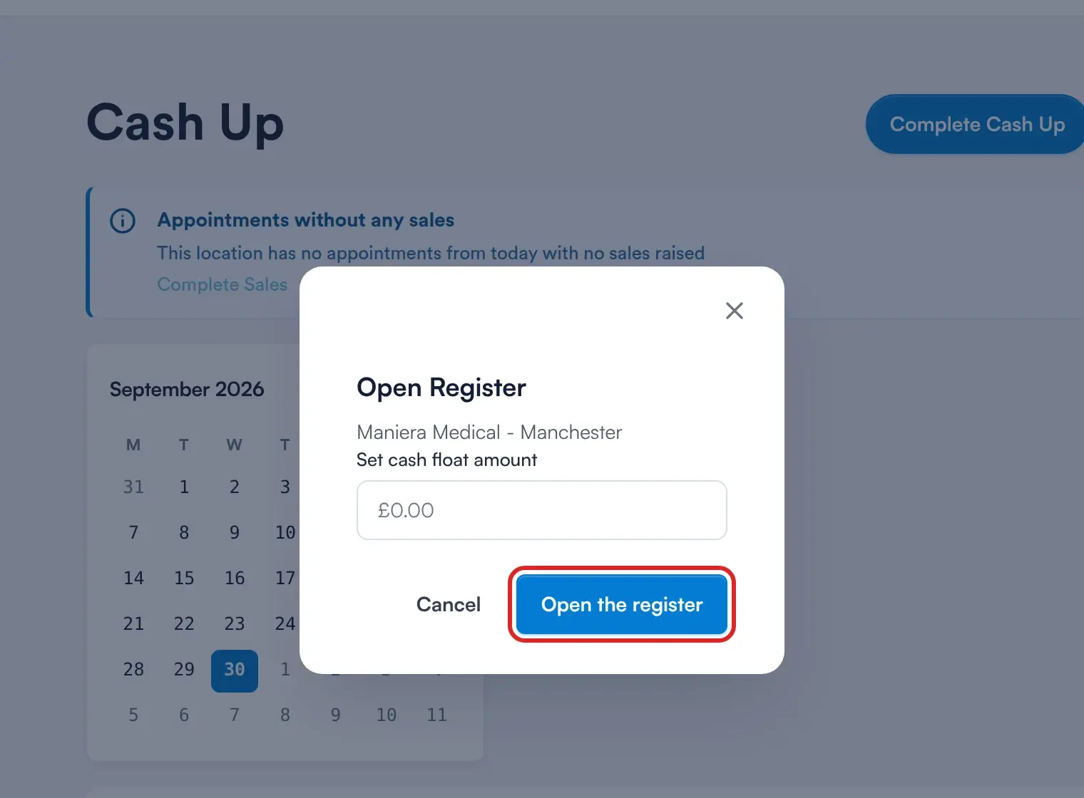 Open Register window with the Open the register button highlighted