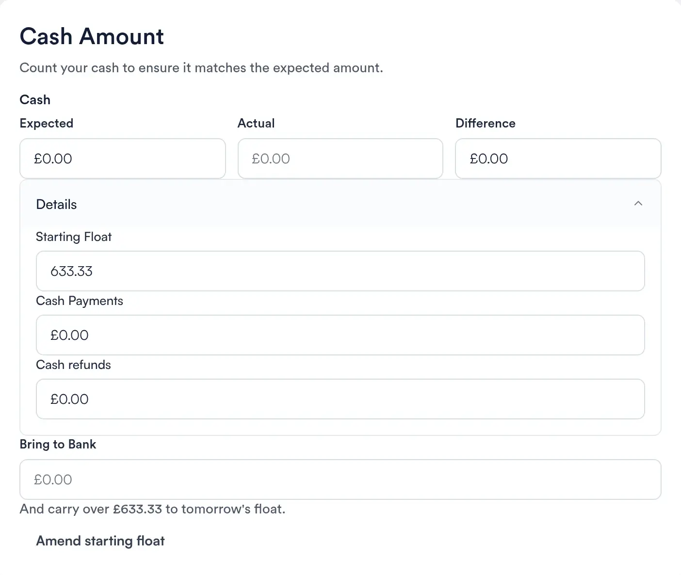 Cash Amount card with Details expanded