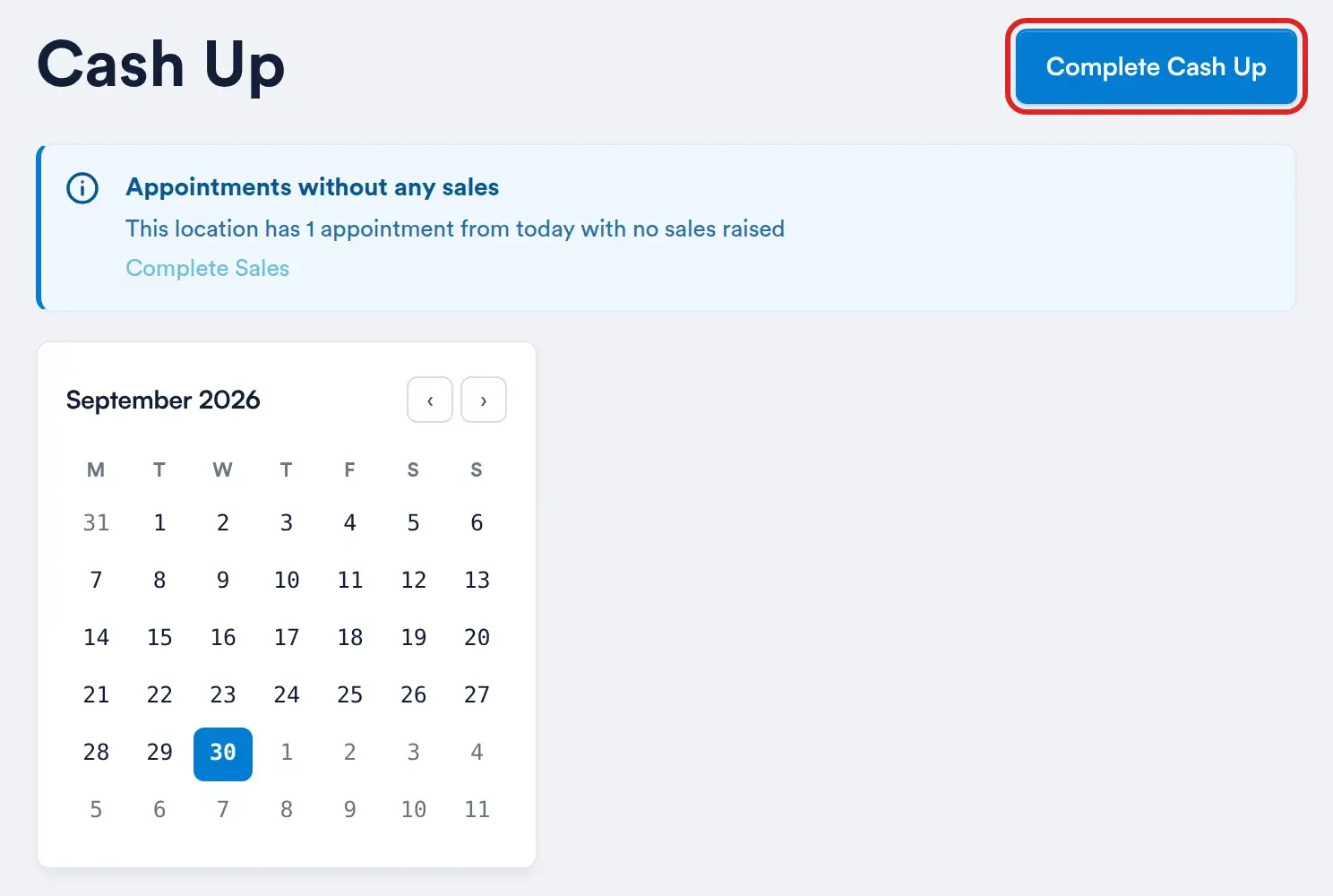 Cash Up page with the Complete Cash Up button highlighted