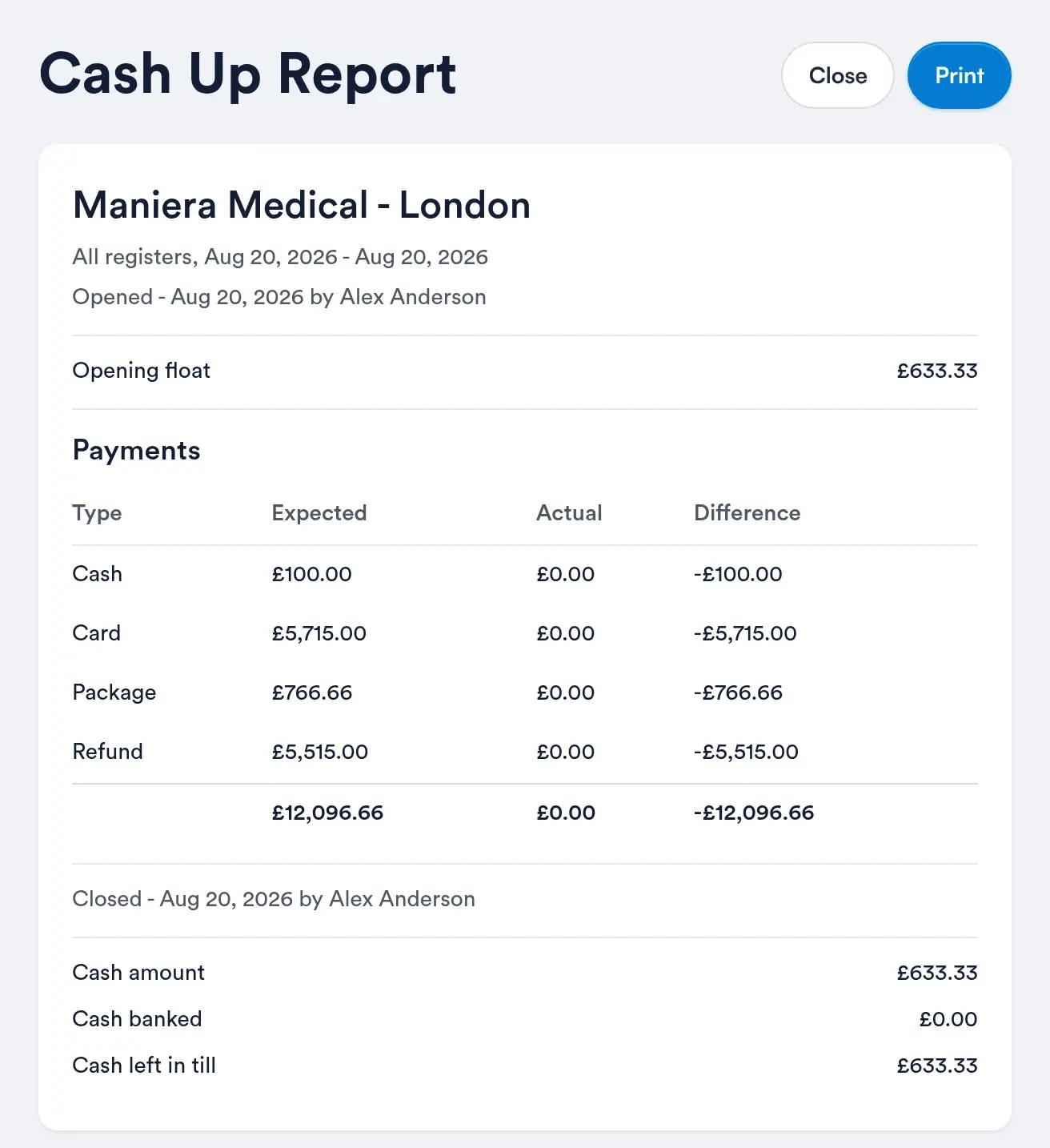 Completed Cash Up Report