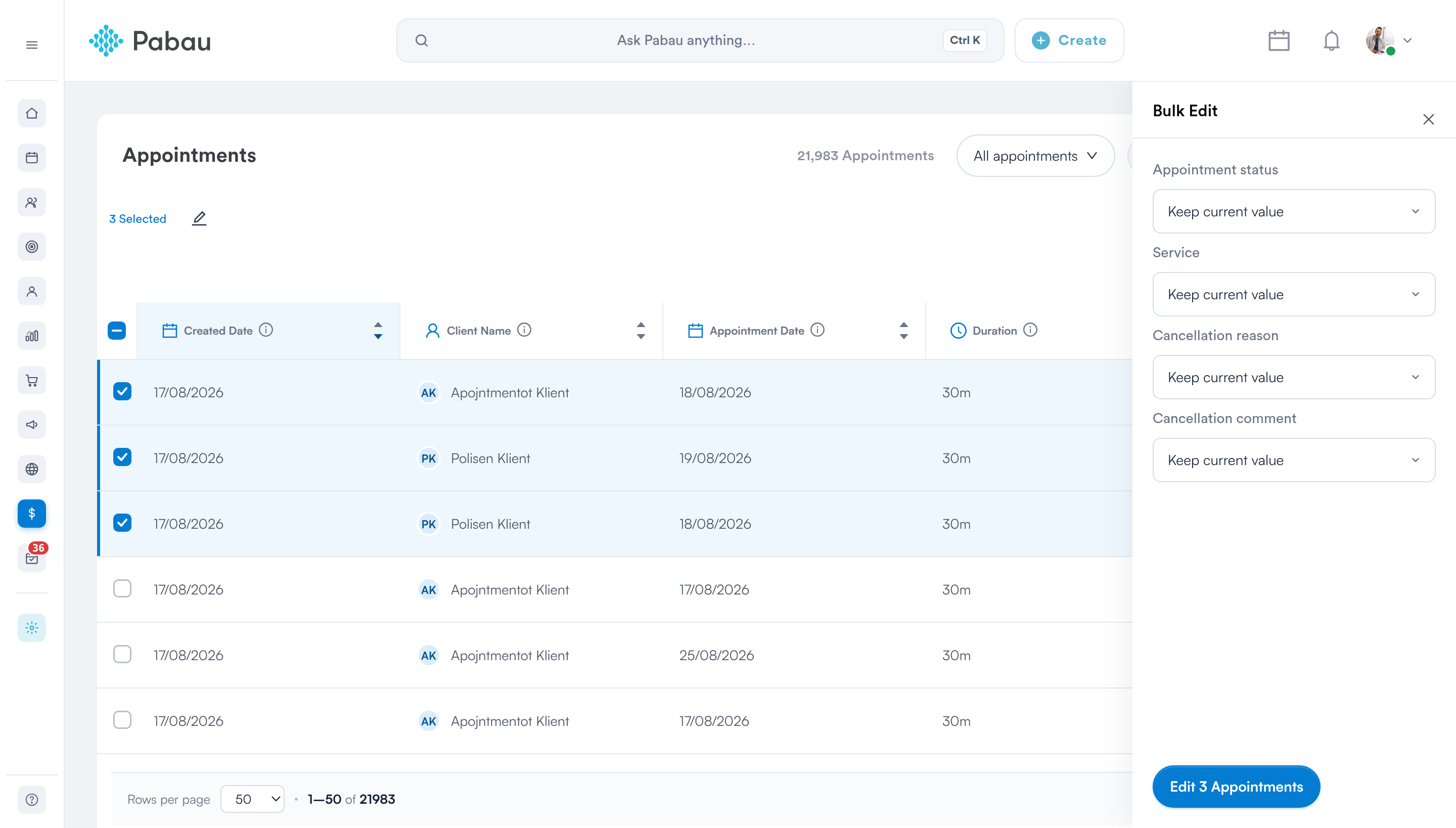 The Bulk Edit panel open, showing the fields available for appointments