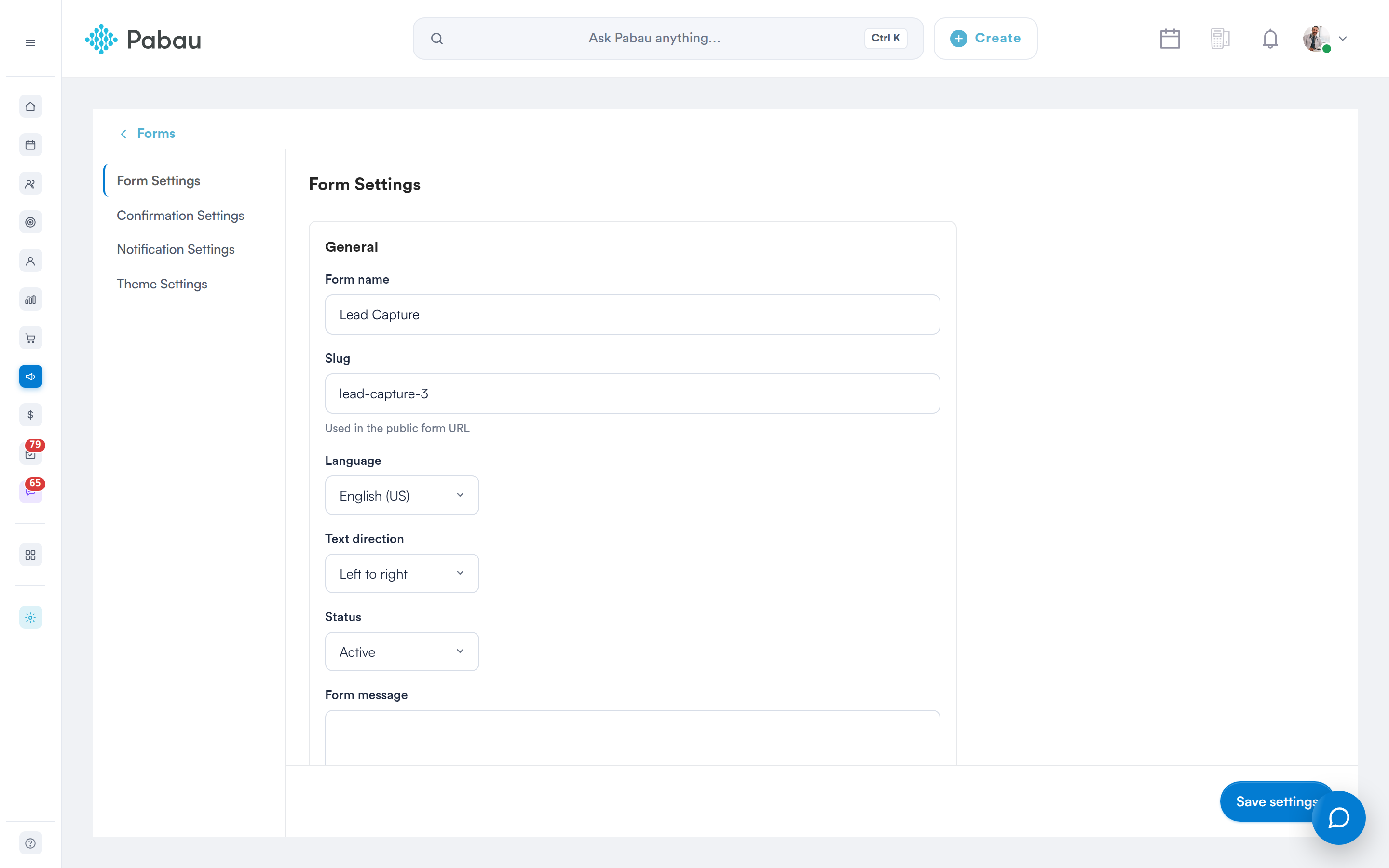 Form Settings with the four sections listed on the left
