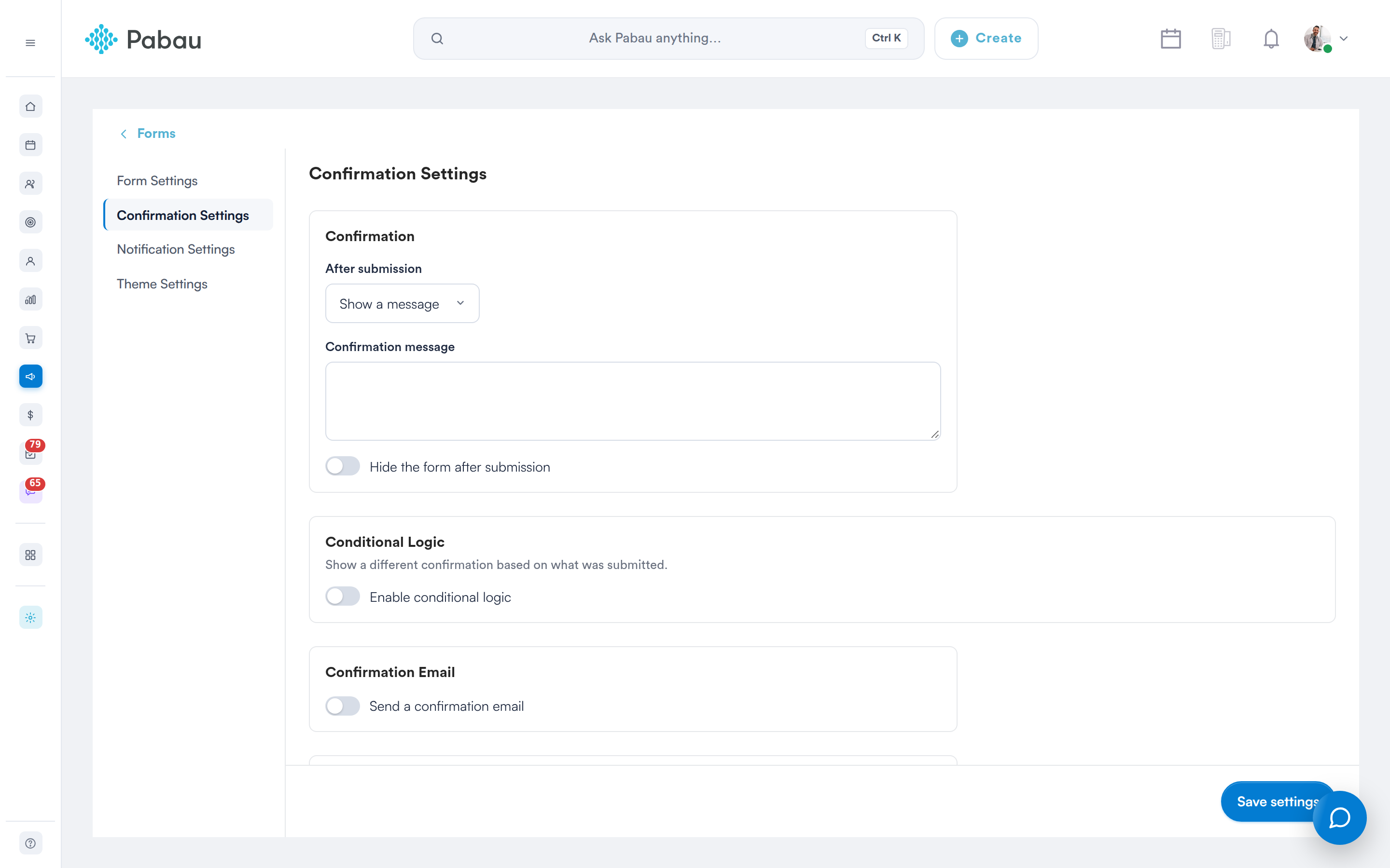 Confirmation Settings with After submission, Conditional Logic and Confirmation Email