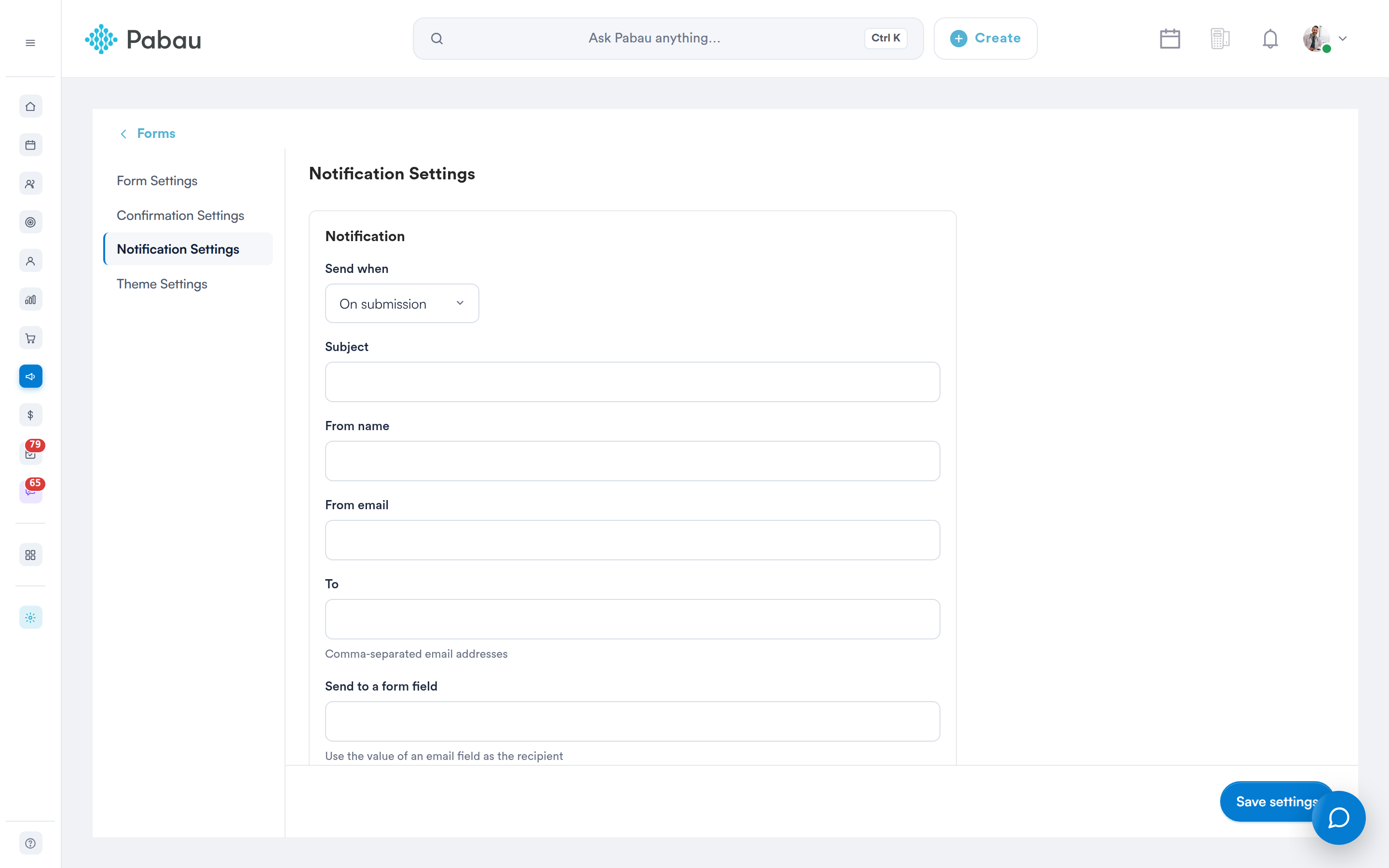 Notification Settings with Send when, recipients and Content