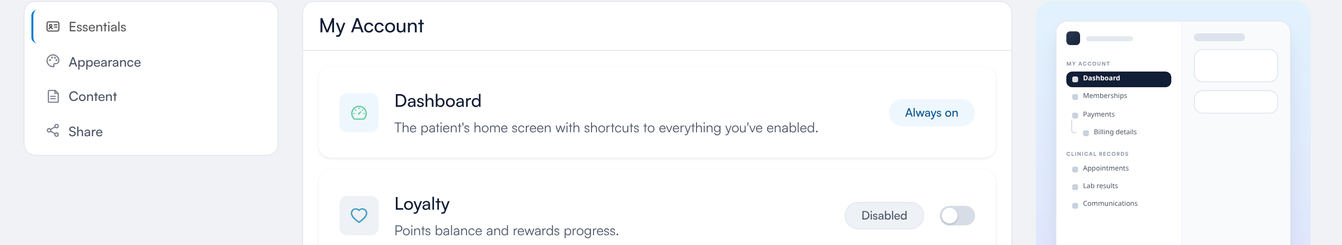 Client Portal settings, Essentials tab, with the menu preview on the right