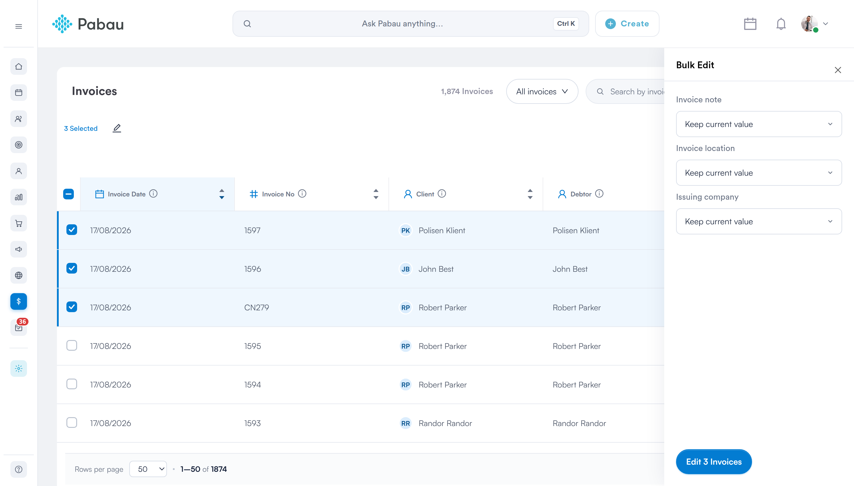 The Bulk Edit panel open, showing the fields available for invoices