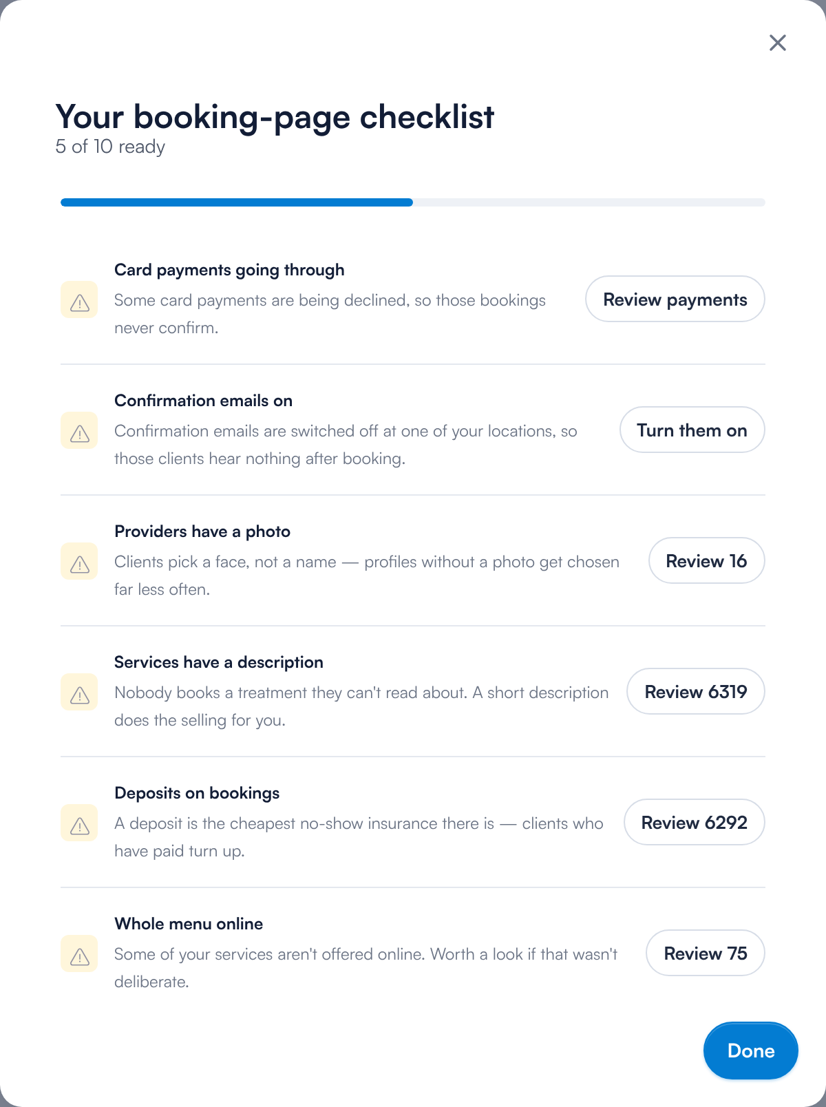 Your booking-page checklist, with a button beside each item that needs attention
