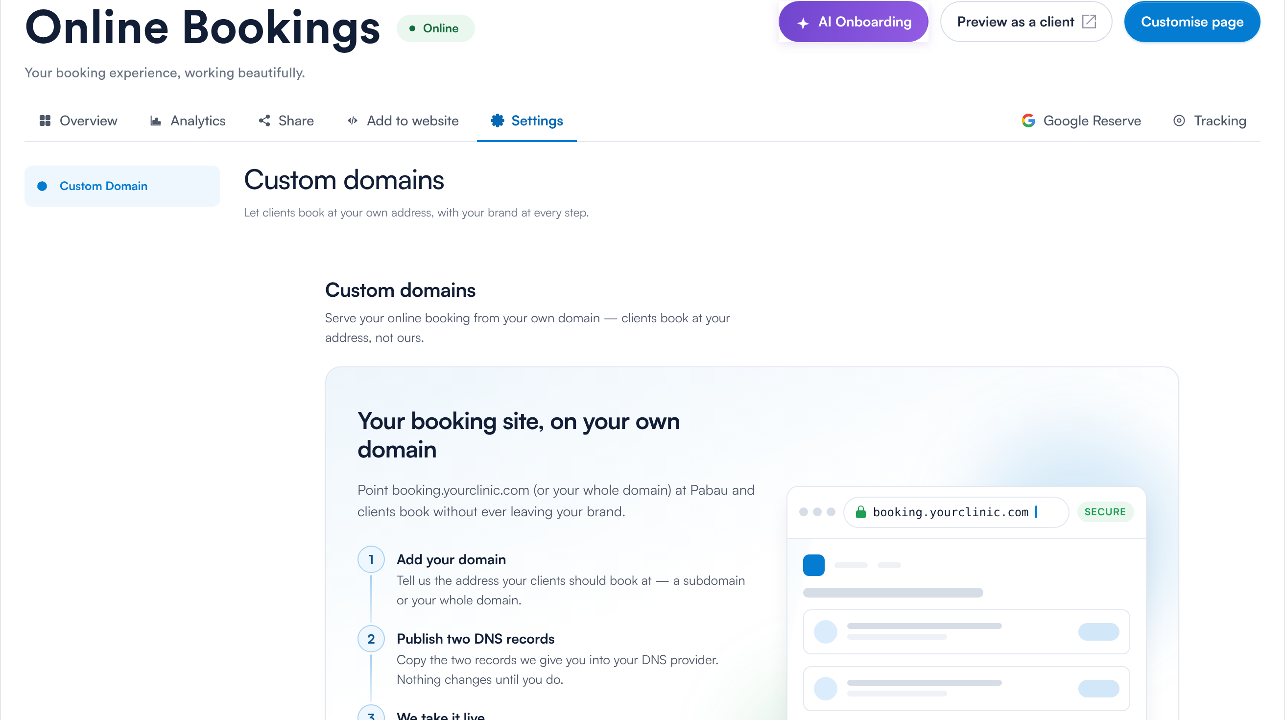 Custom domains: add your domain, publish two DNS records, and Pabau takes it live