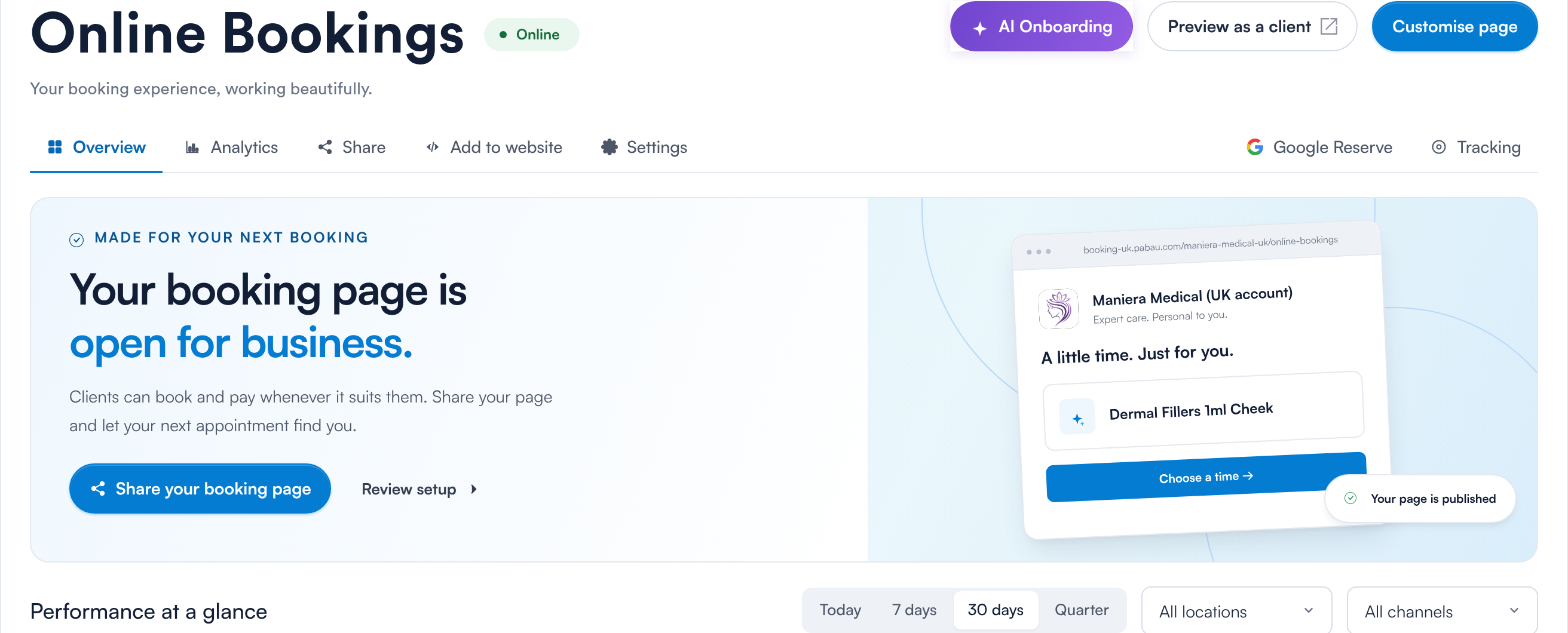 The Overview tab of the Online Bookings dashboard