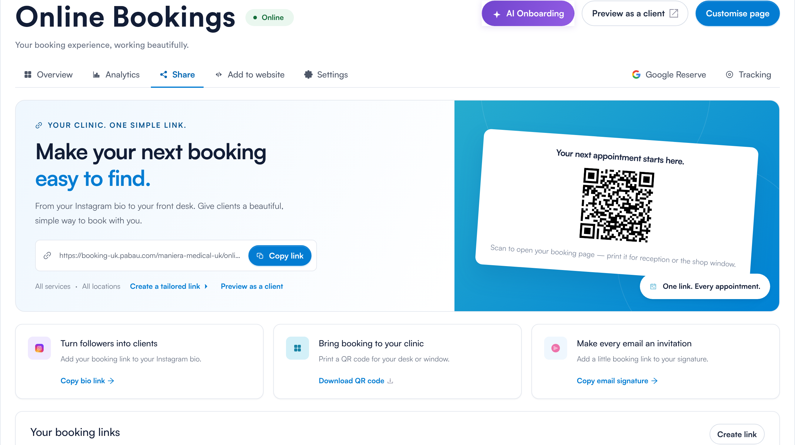 The Share tab, with your booking link and QR code