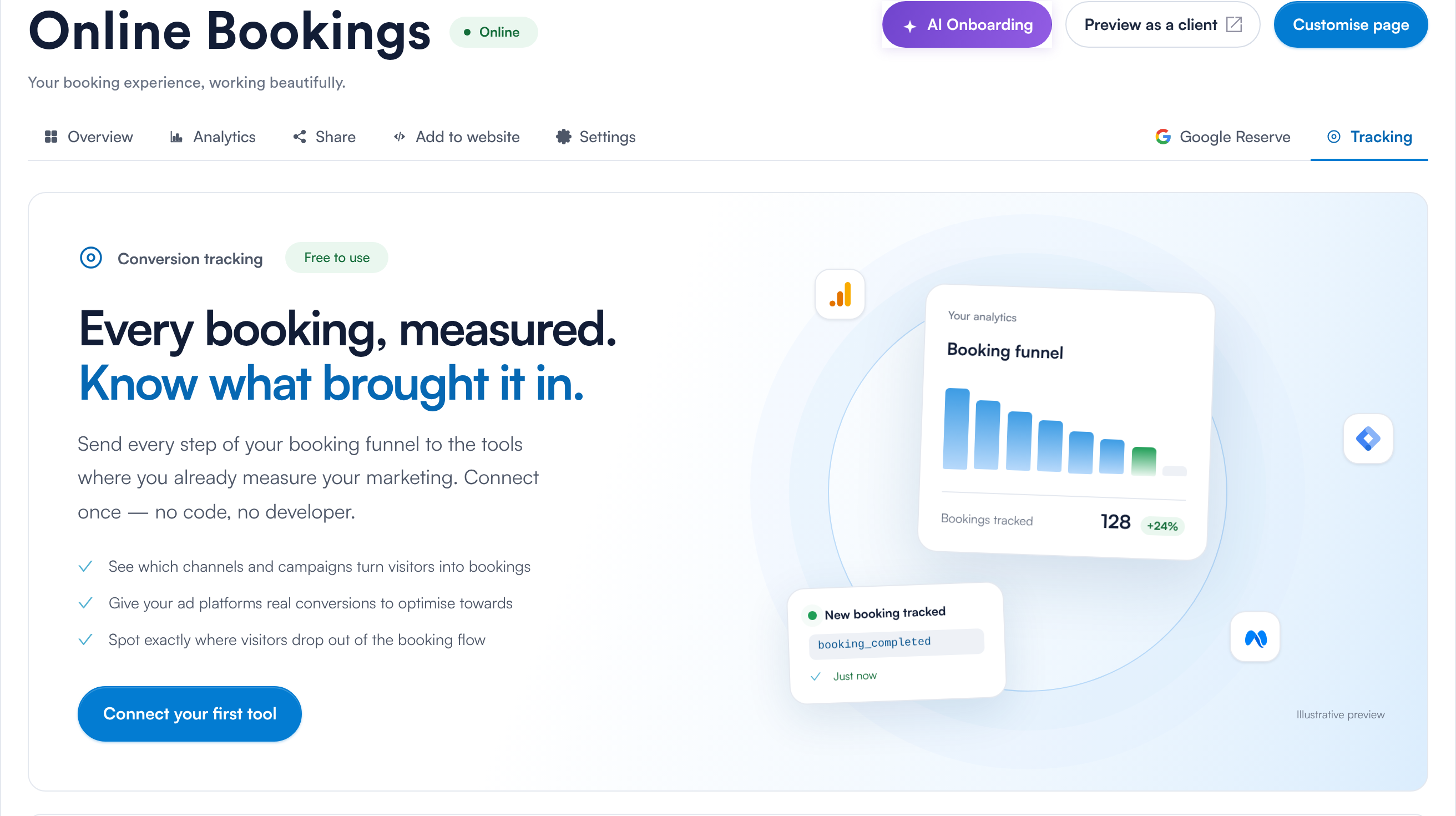 The Tracking tab, with Google Analytics, Google Tag Manager and Meta Pixel
