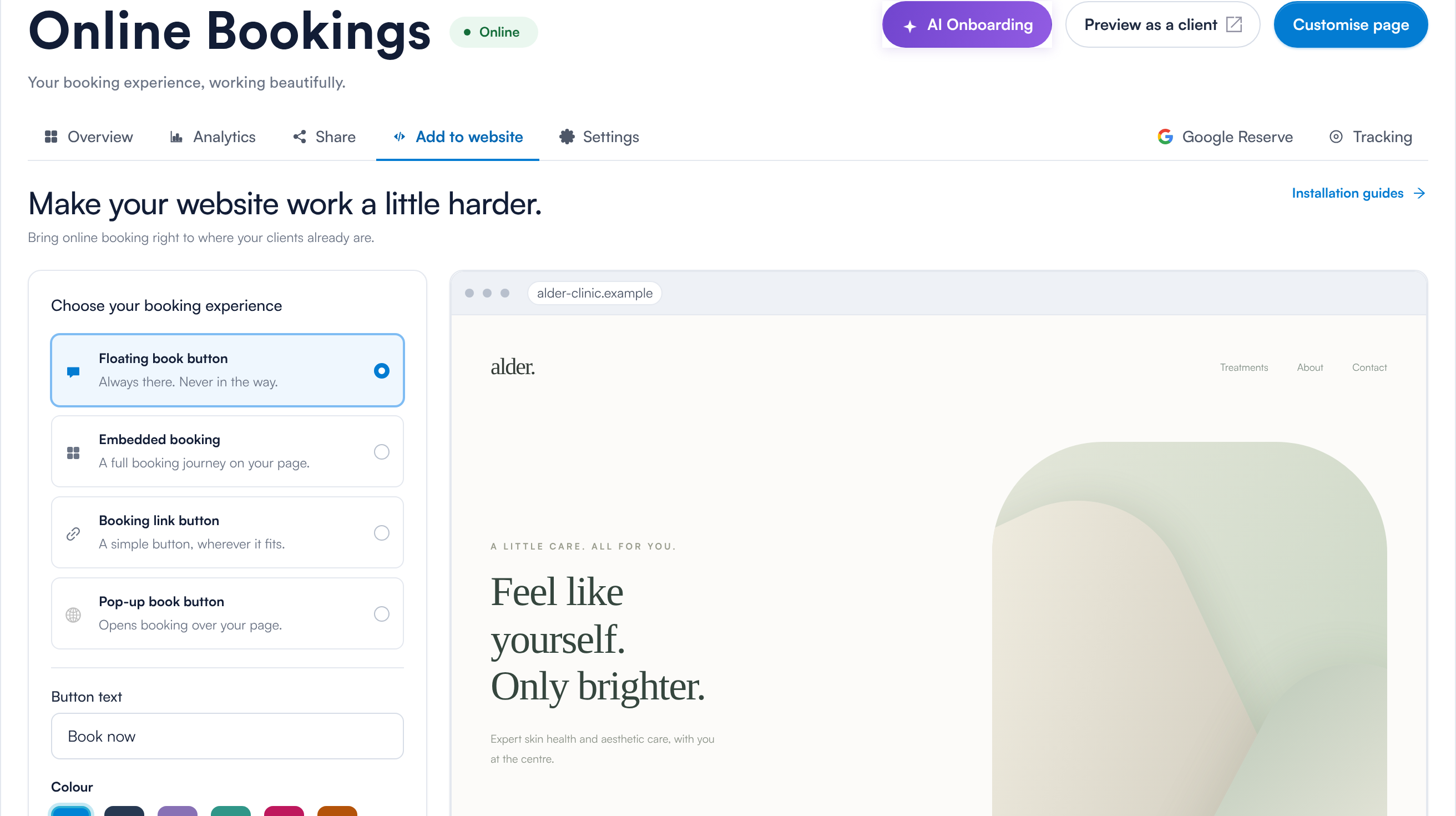 Add to website: choose a booking experience and see it on a sample website