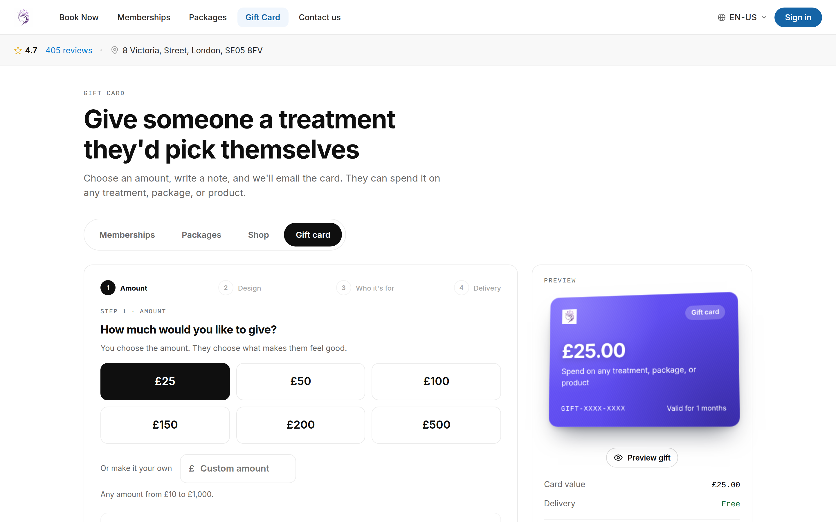 The Gift card tab: amount, design, who it’s for and delivery