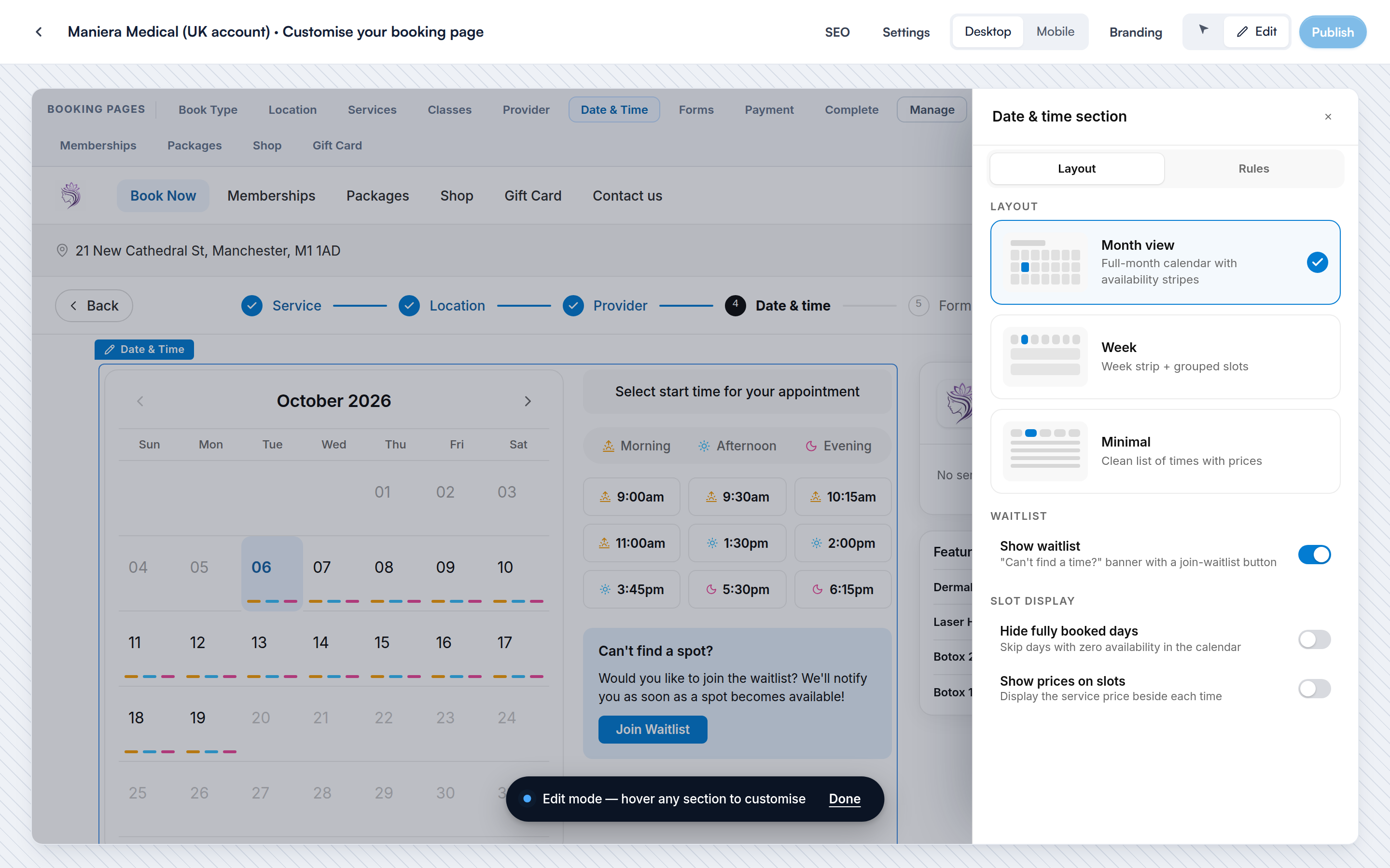 The Layout tab of the Date & time section
