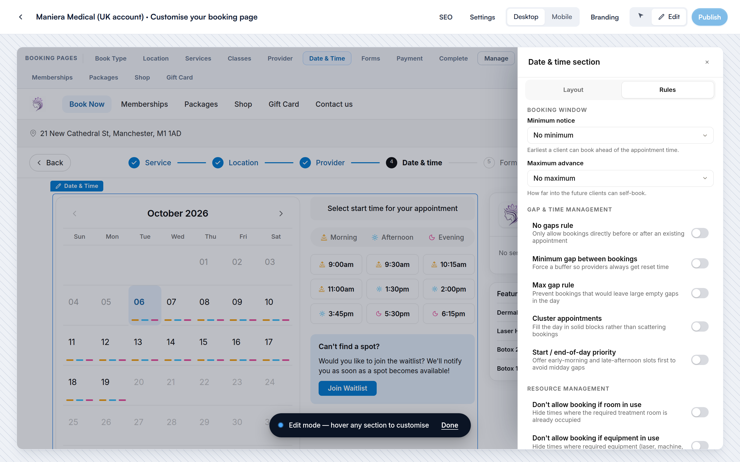 The Rules tab: booking window, gap and resource rules