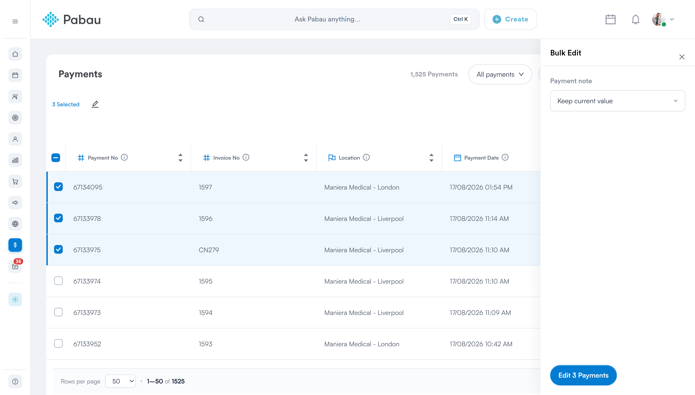 The Bulk Edit panel open, showing the fields available for payments