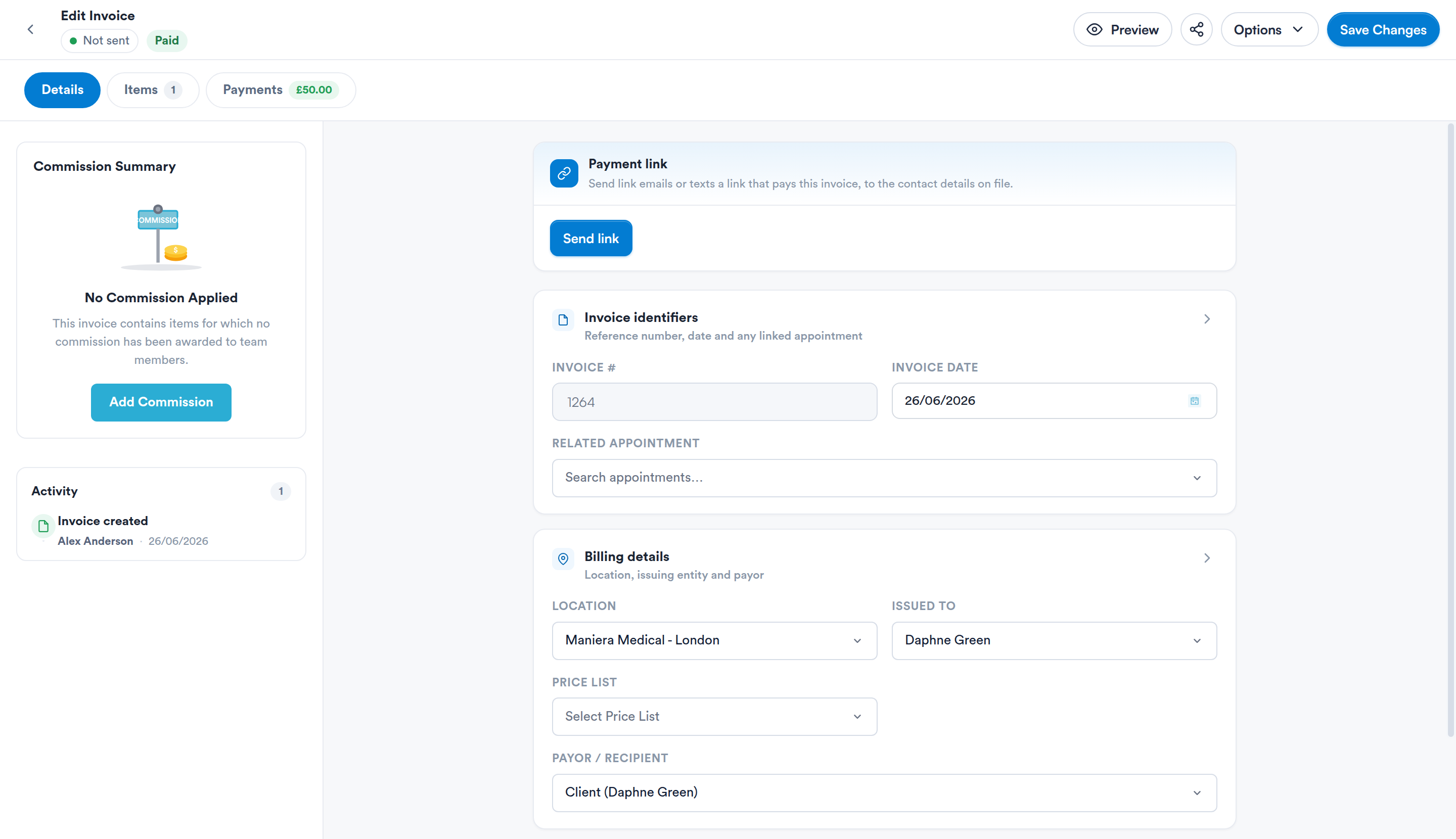 An invoice opened from the client card's Financials, Details tab