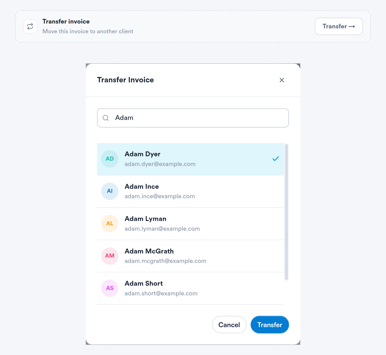 Transfer invoice section and the Transfer Invoice window with a client selected