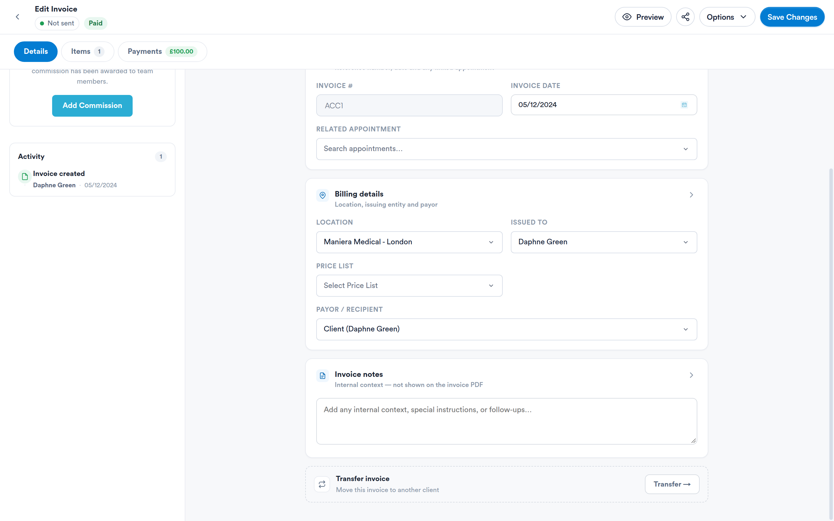 An #ACC account entry opened, showing the Transfer invoice section